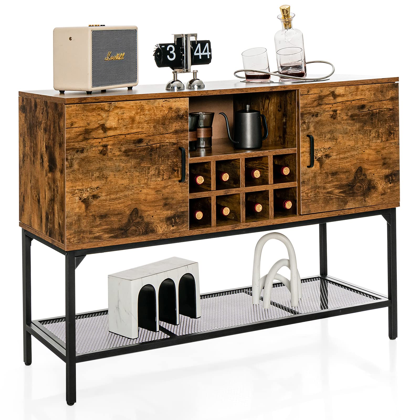 Giantex Industrial Buffet Sideboard, Freestanding Kitchen Cupboard with Wine Rack (Rustic Brown & Black)