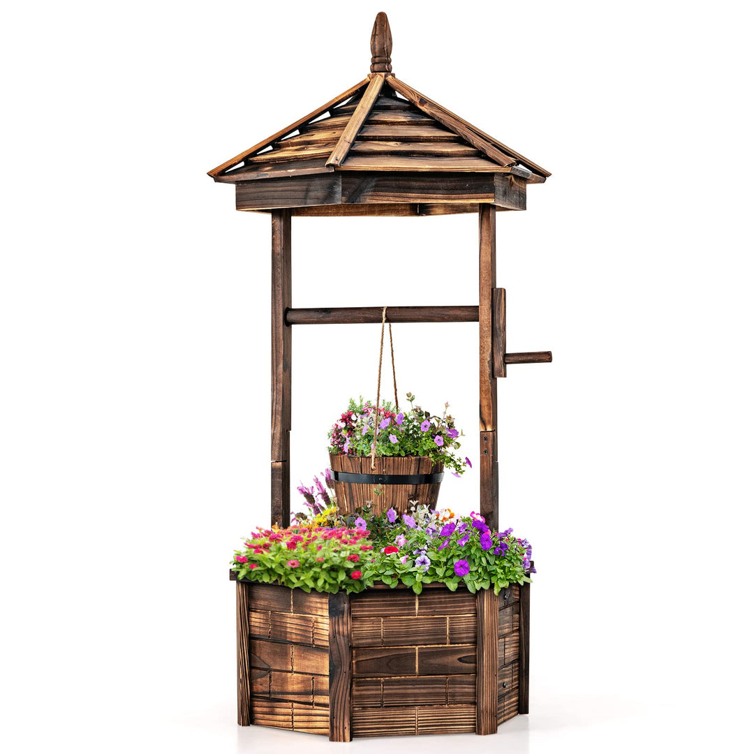 hanging pail planter Giantex Rustic Wooden Wishing Well Planter with Hanging Bucket, Roof Shadow