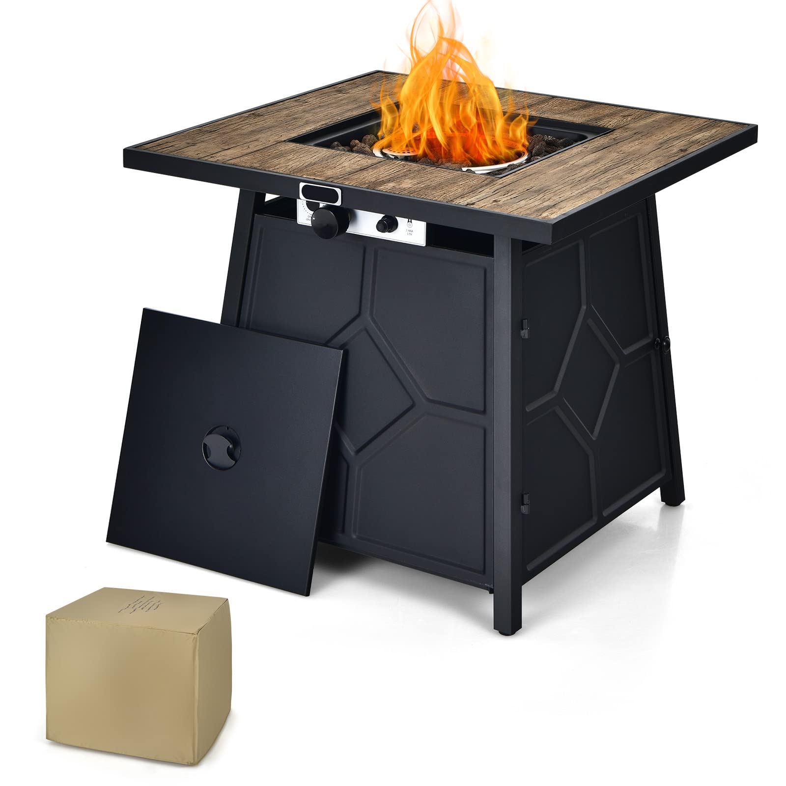 Fire Pits for Outside Outdoor Propane Fire Pit Table, 28" Patio Gas Fireplace W/ Lid & Lava Rocks