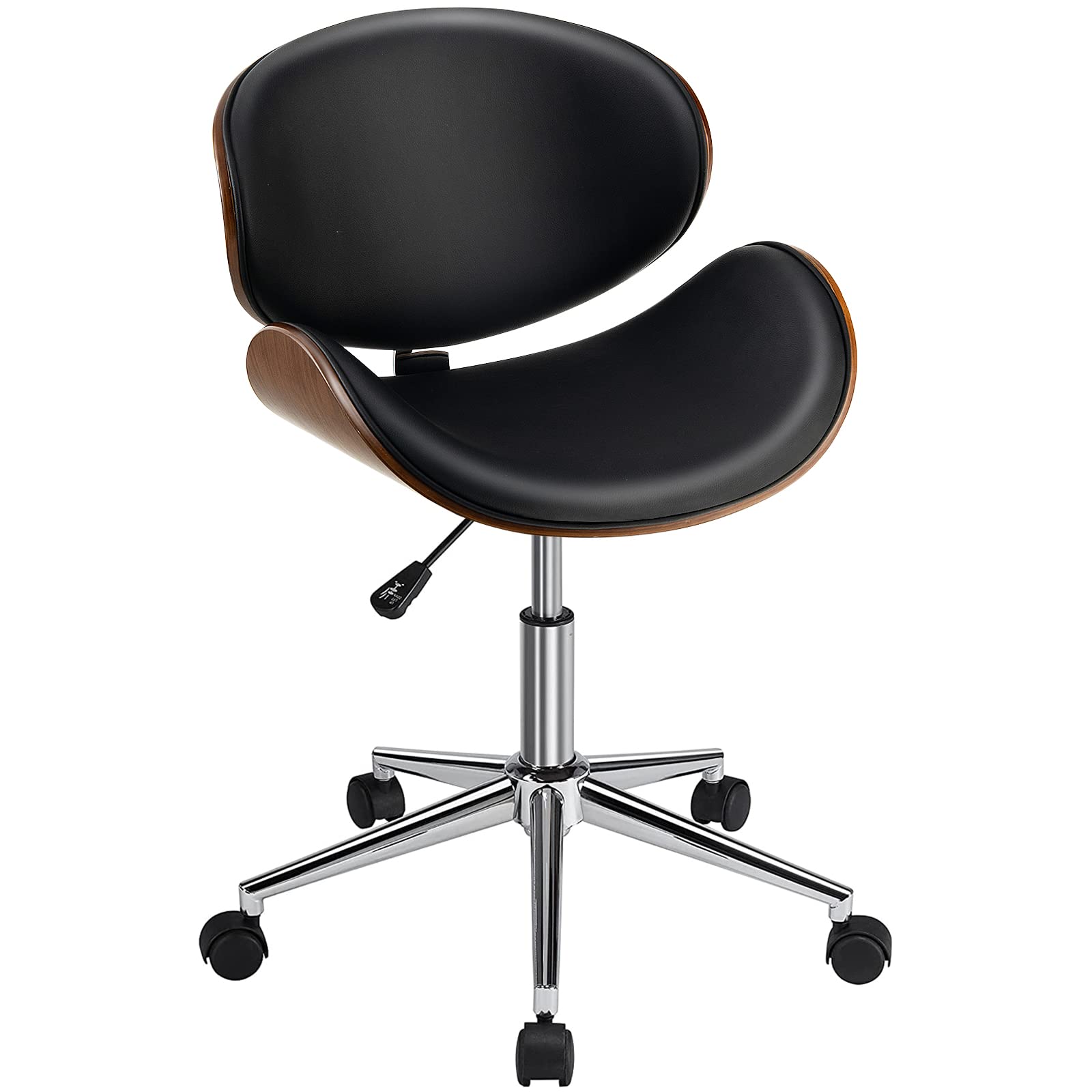 Giantex Home Office Chair, Adjustable Swivel Vanity Chair with Wheels Wing Back Curved Bentwood Seat (Black)