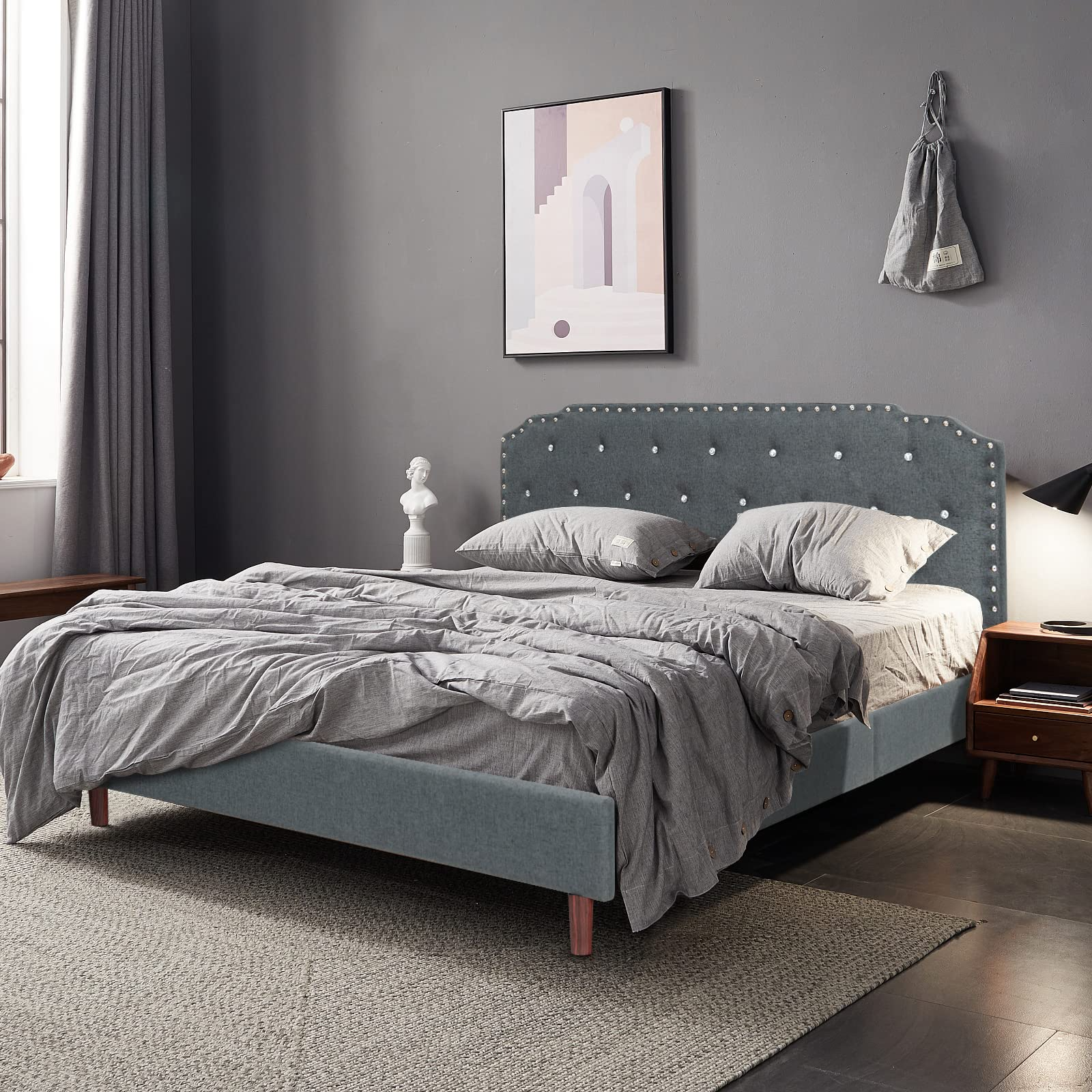 Upholstered Bed Frame w/ Adjustable Headboard, Crystal Tufted Soft Platform Bed Frame w/ Wooden Slats