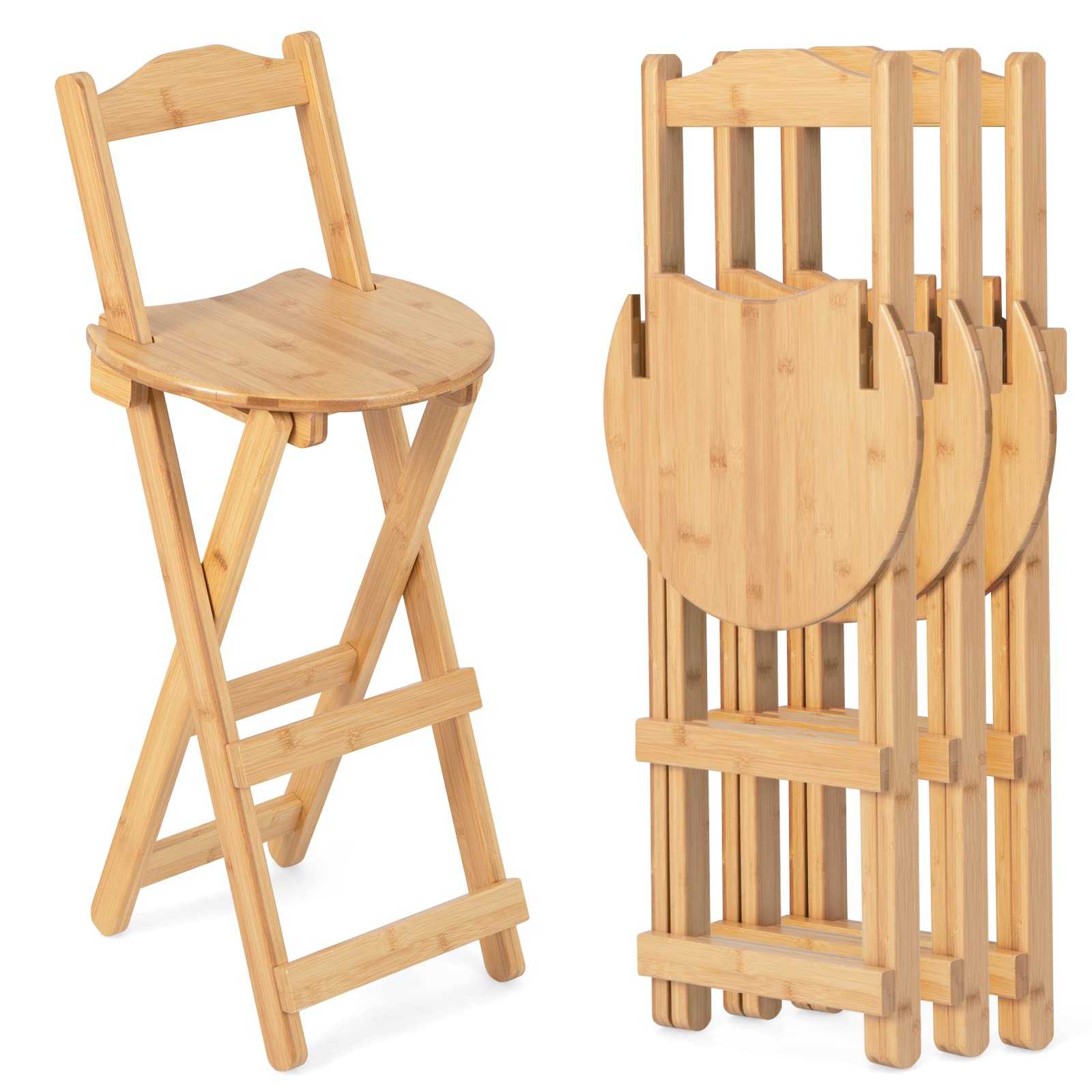 Folding Bamboo Bar Stools 24” Kitchen Counter Height Stool with Backrest & Footrest