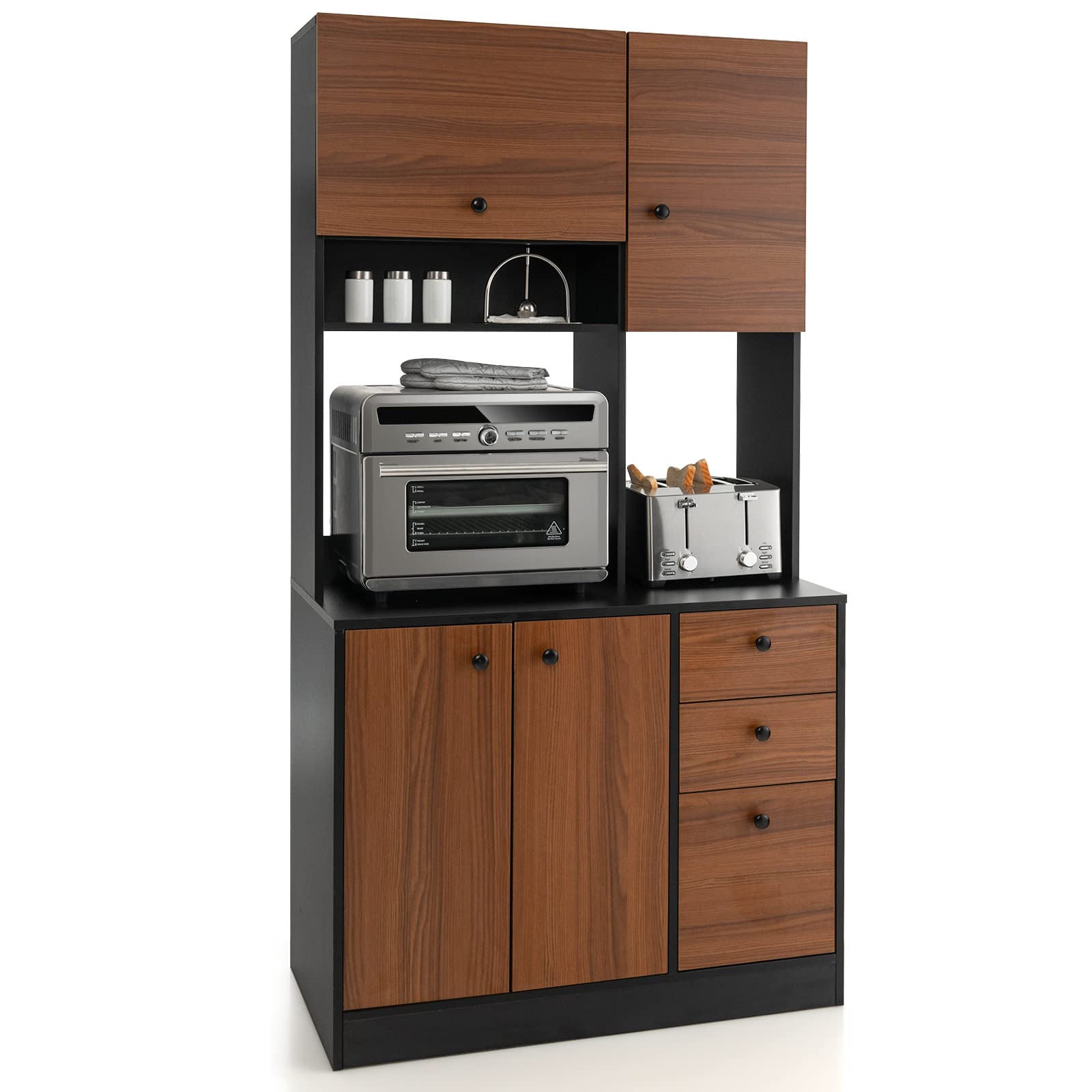 Giantex Kitchen Pantry, Buffet Hutch with 3 Storage Cabinet, 71'' Floor Large Cupboard with 3 Deep Drawers (Walnut & Black)