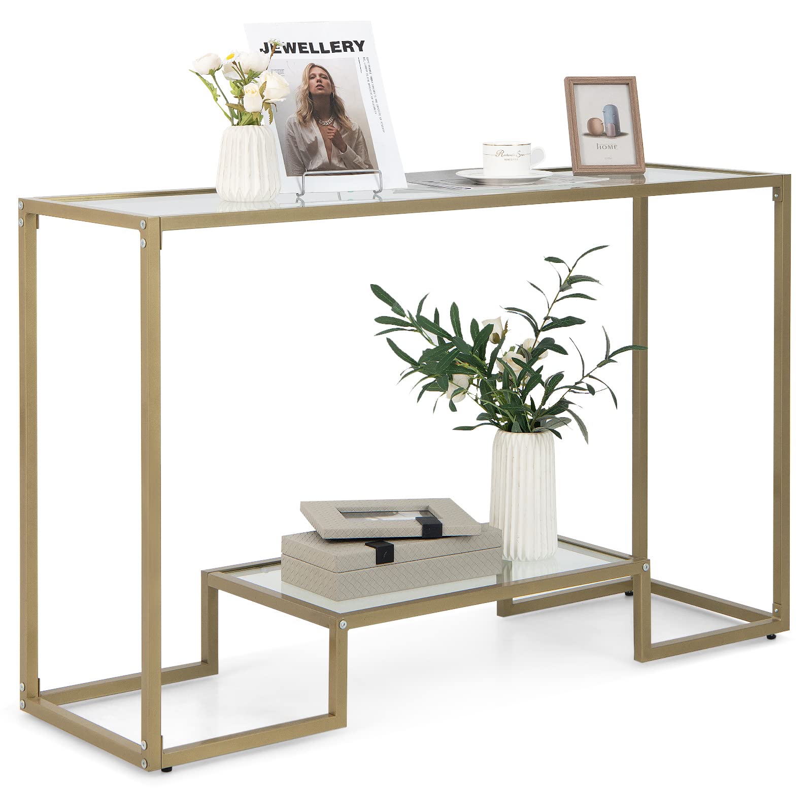 Giantex Console Tables for Entryway - 48” Sofa Side Table, 2-Tier Behind Couch Table with Anti-Tipping Kit, Gold