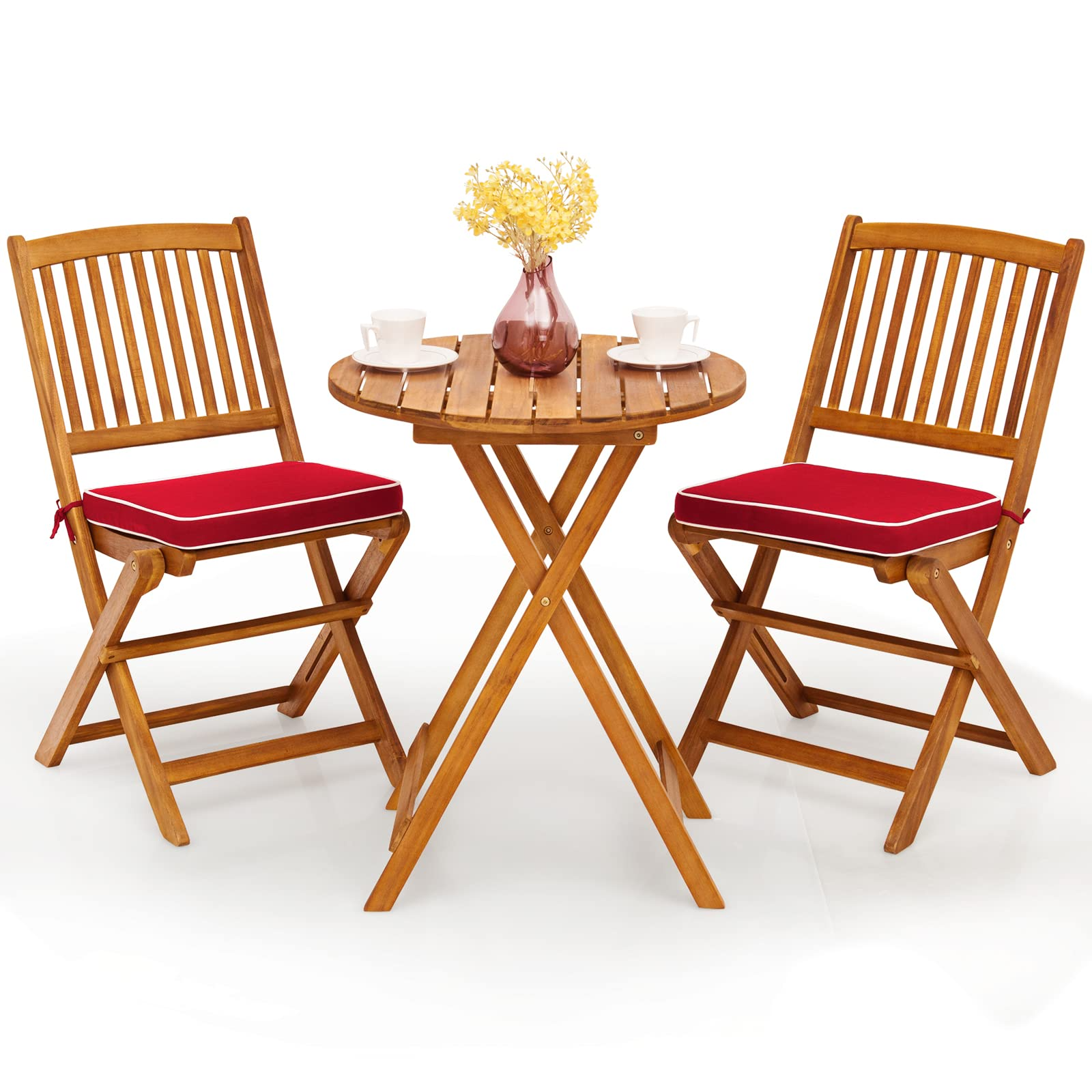 Giantex 3Pcs Patio Bistro Set, Wood Folding Table Set