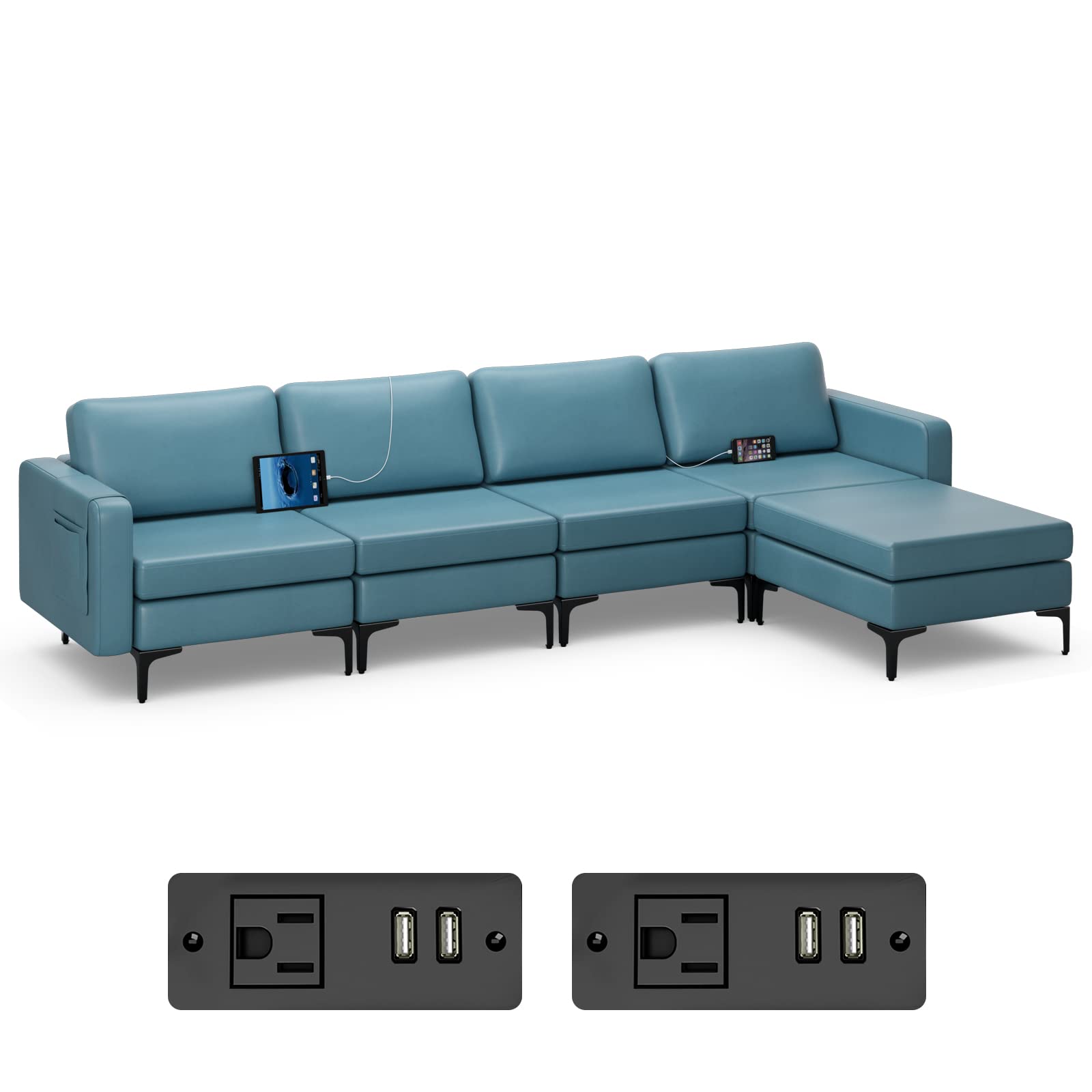 Giantex 4 Seat Convertible Sofa Couch, 123" L Sectional Sleeper with 2 or 1 USB Ports Socket