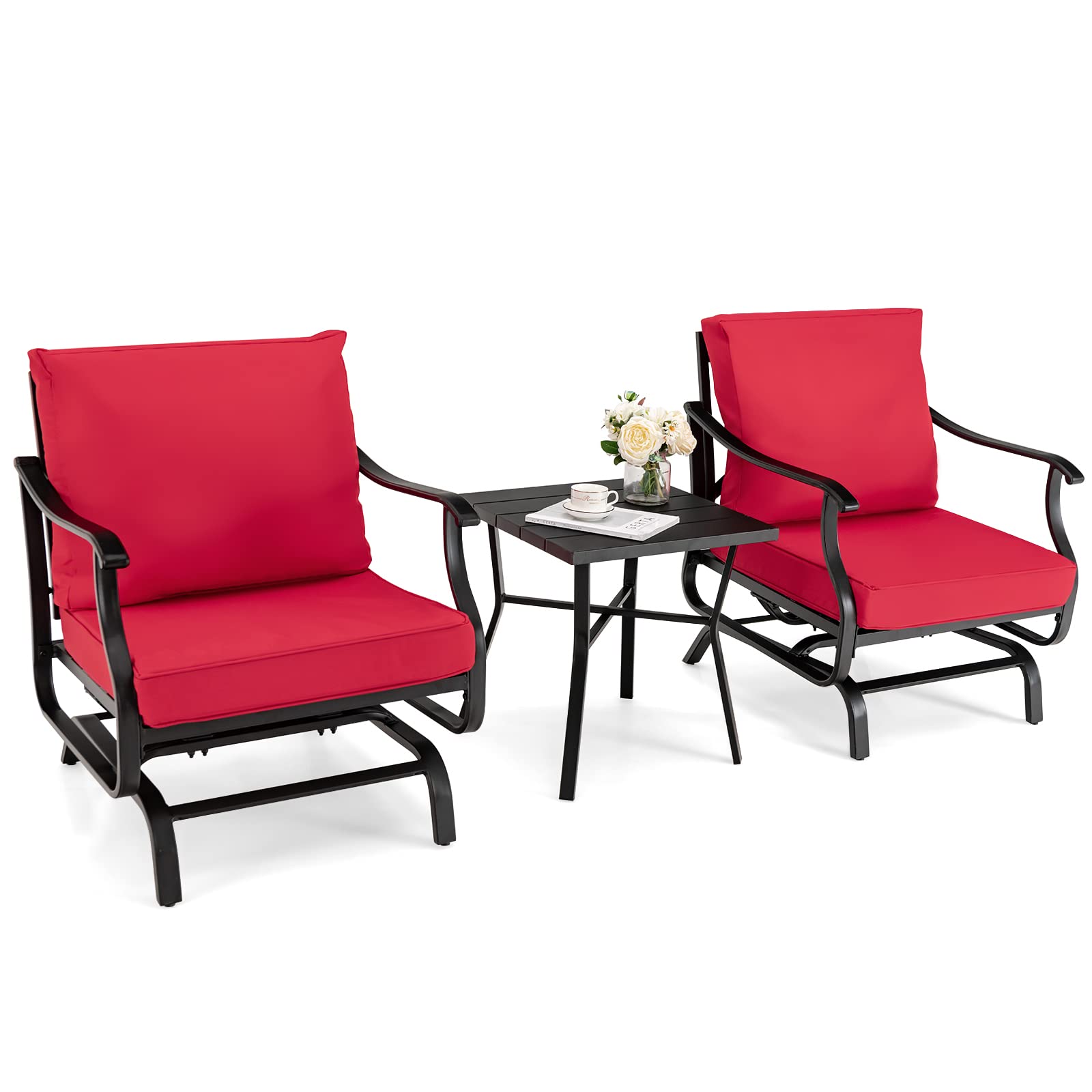 Giantex Bistro Set 3 Piece Outdoor Glider Set Rocking Chairs with Coffee Table (Red)
