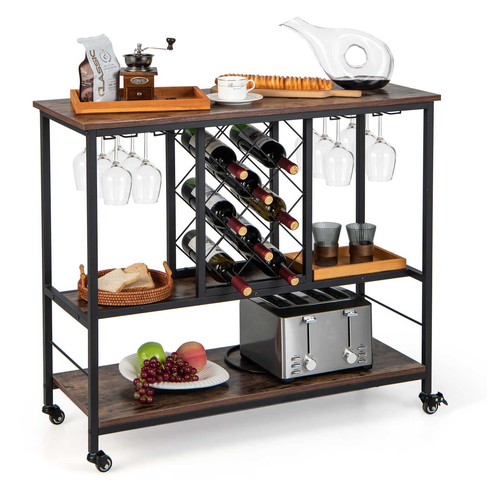 Giantex 3-Tier Wine Bar Cabinet - on Wheels, 8 Bottles Rack & 12 Glasses Hanger (Rustic Brown & Black)