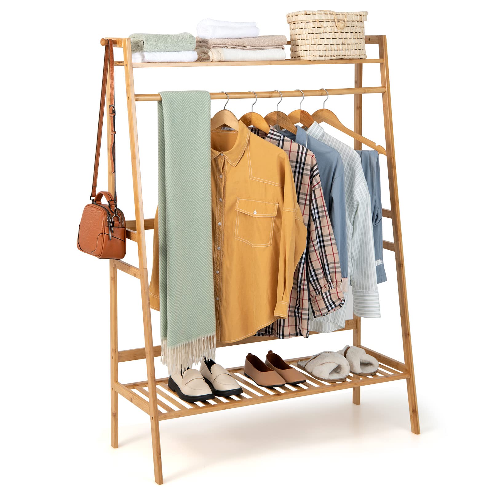 Giantex 3 Tier Bamboo Clothing Rack with Shelves, Heavy Duty Freestanding Clothes Organizer Rack with Coat Hooks