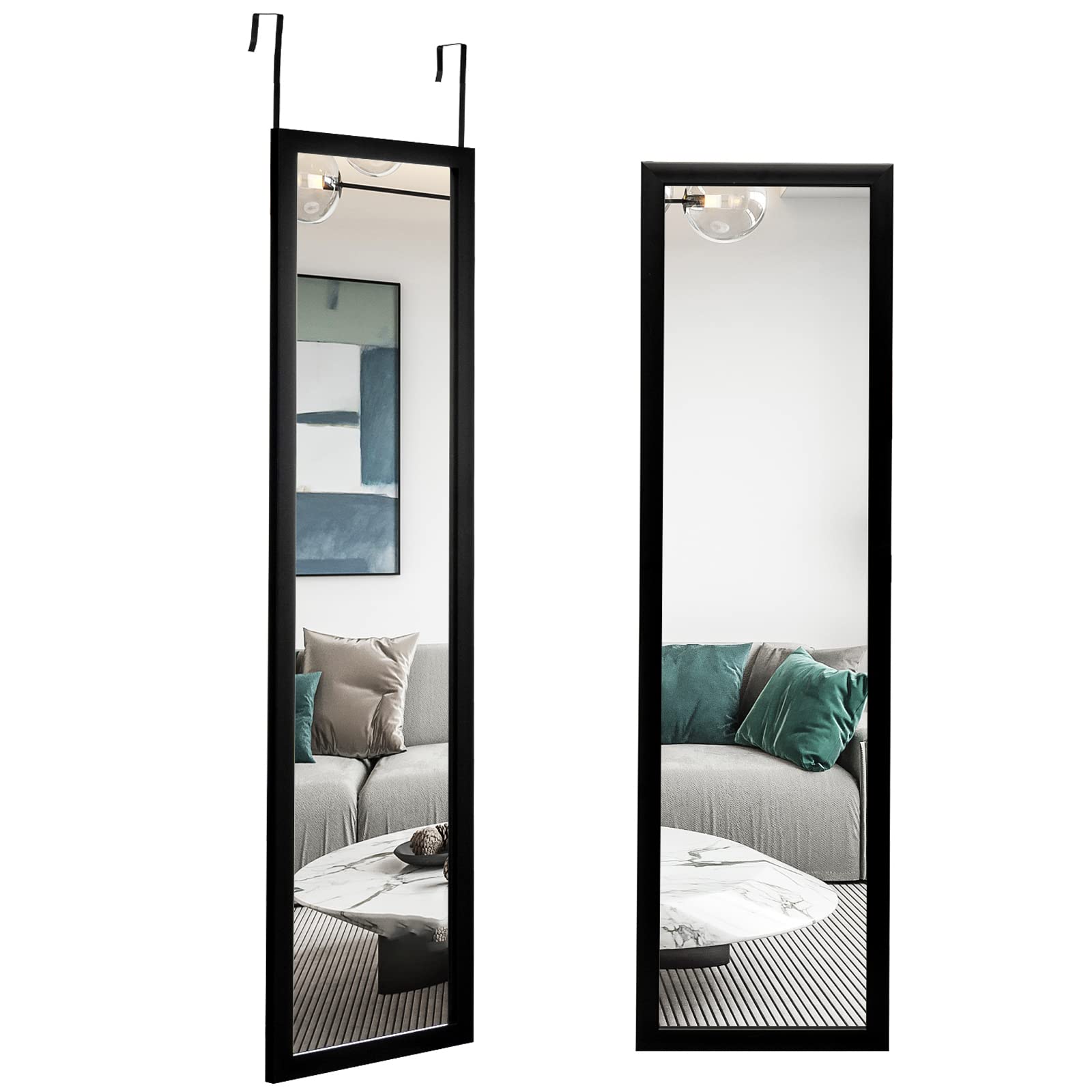 CHARMAID Over The Door Mirror, Wall Mounted Full Length Mirror, 2 Metal Hooks, 47" x 13"