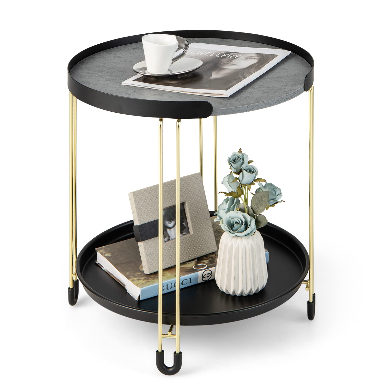 Giantex Modren Side Table, Faux Marble End Table with Golden Frame and Removable Tray