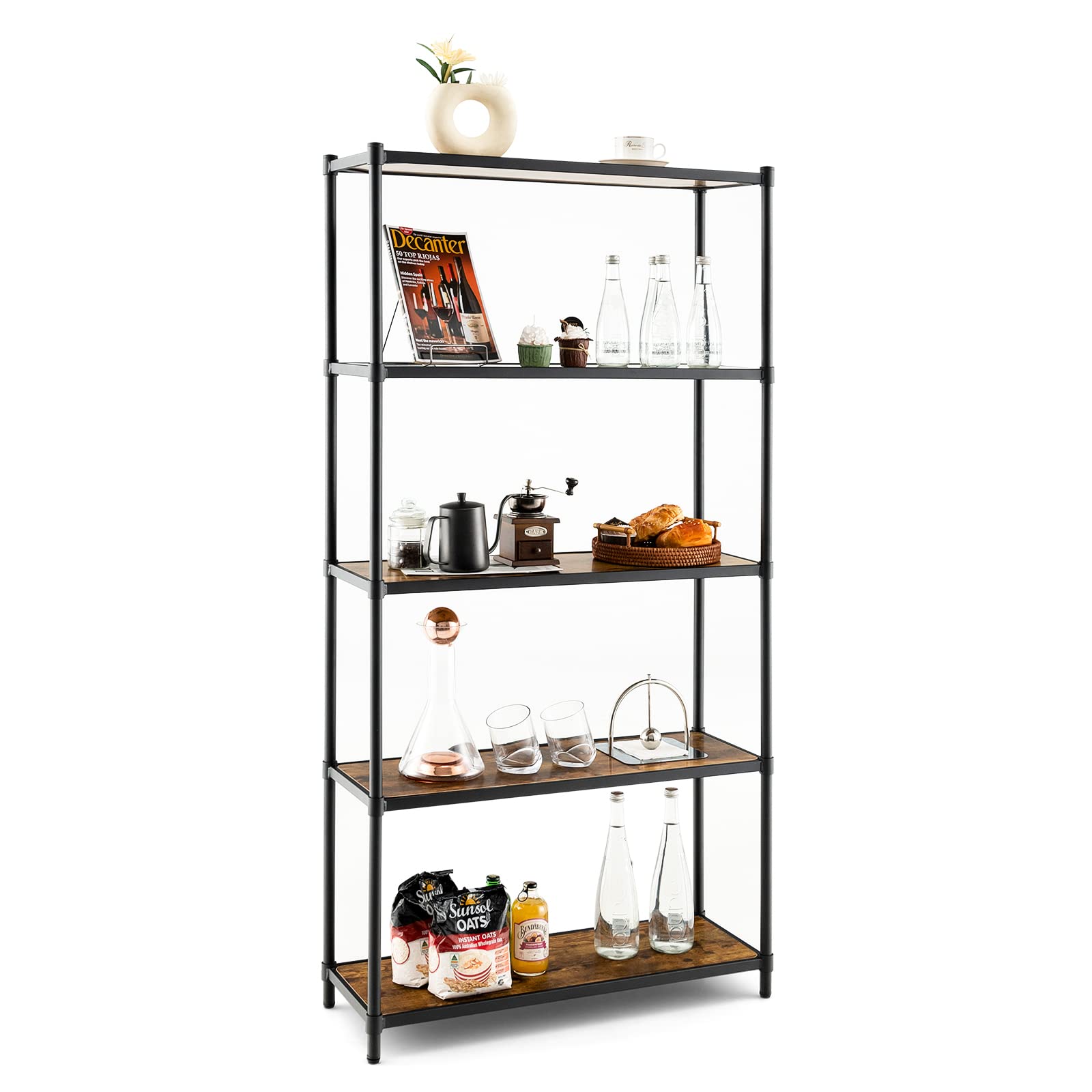 Giantex 5-Tier Industrial Bookshelf Black - 61" Tall Open Display Shelving Rack