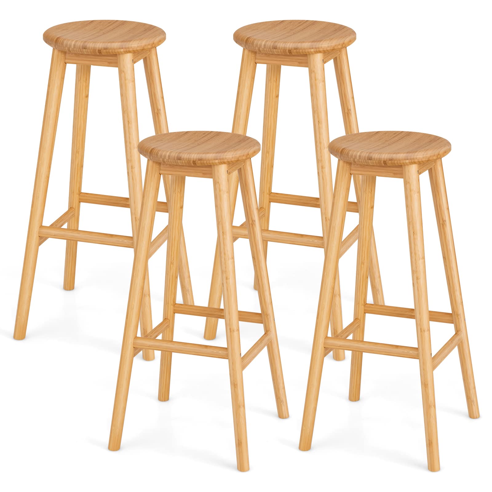 Giantex Bamboo Bar Stools, 31-Inch Height Round Seat Breakfast Dining Chairs with Footrest