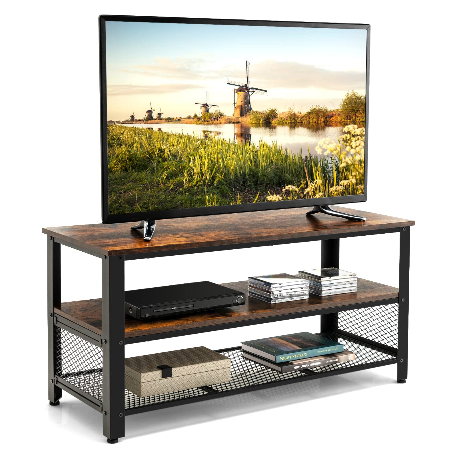 Giantex TV Stand for TV up to 50 Inches, 43.5 inch Wood Industrial TV Cabinet with 3-Tier Storage Shelves, Rustic Brown