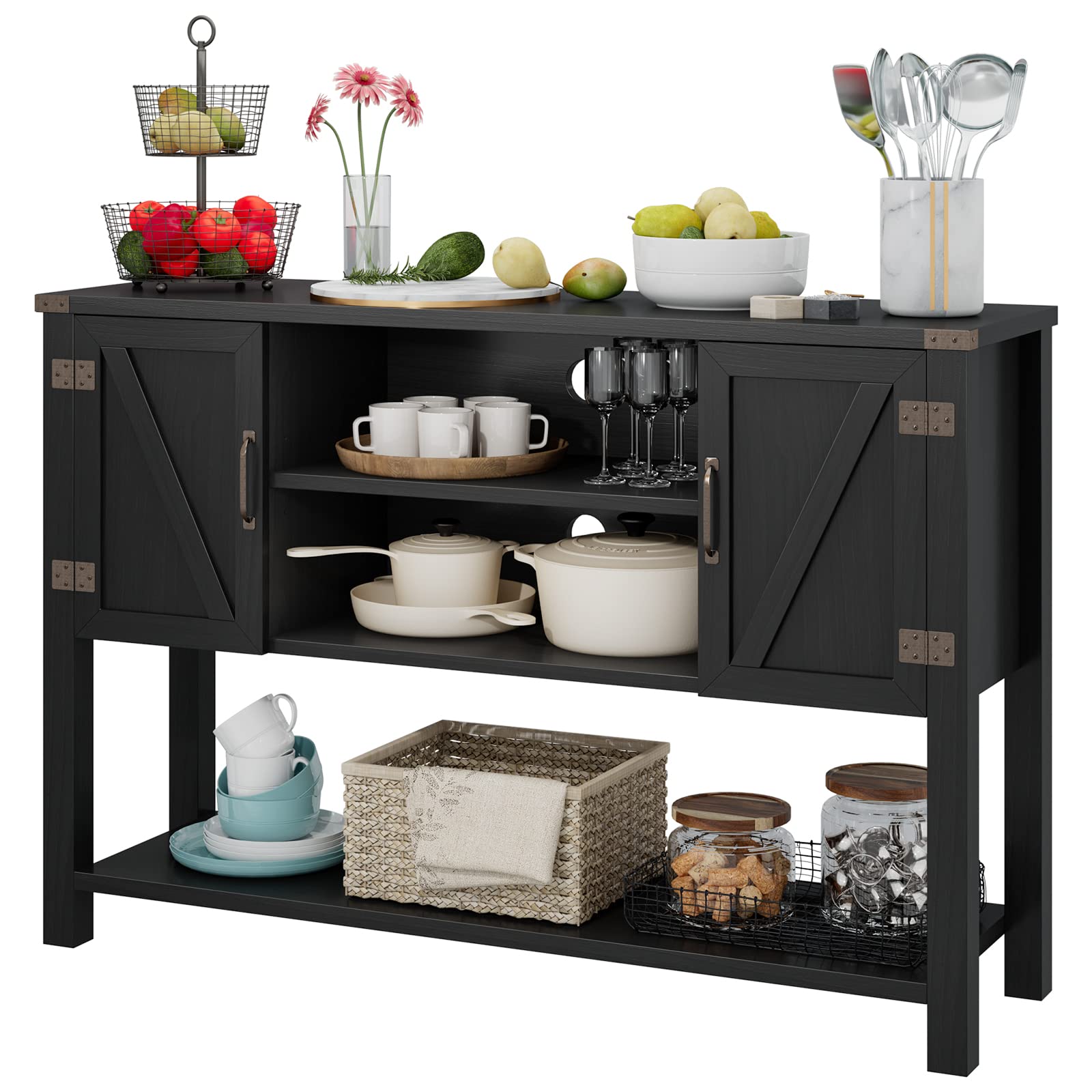 Giantex Buffet Sideboard, Farmhouse Wood Cupboard w/ 2 Storage Cabinets & 2-Tier Open Shelf