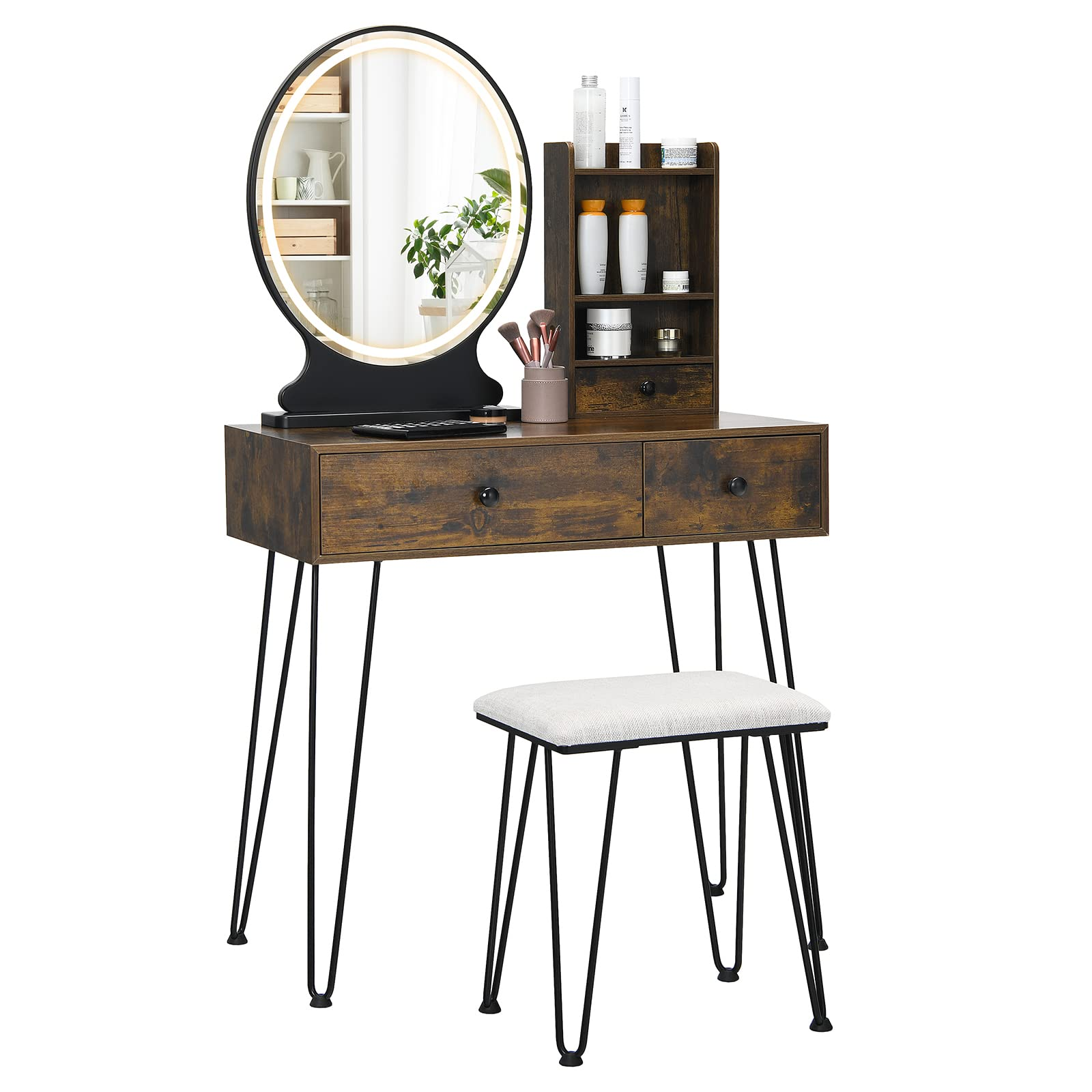 CHARMAID Vanity Set with Lighted Mirror, 3 Drawers and 3 Tiers Storage Shelves