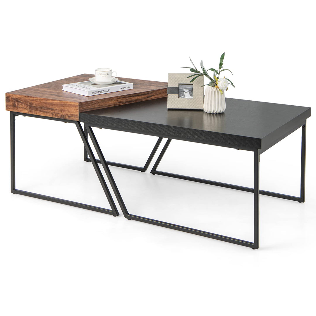 Giantex Stacking Coffee Table Set of 2, Black & Brown Modern Side Table