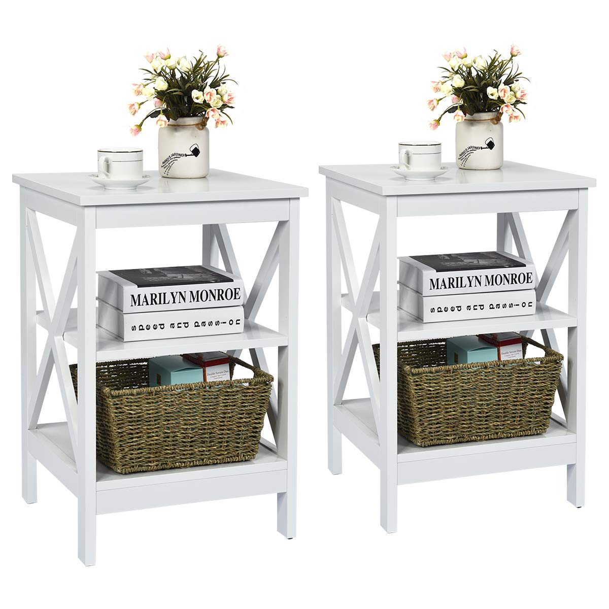 Nightstand 3-Tier X-Design W/Storage Shelves and Stable Structure Storage Organizer Display Sofa Side Table