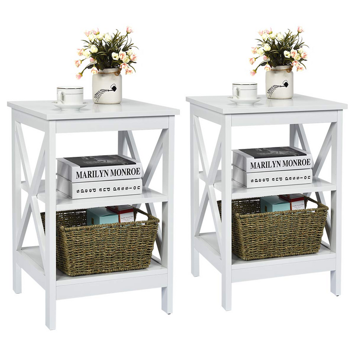 Nightstand 3-Tier X-Design W/Storage Shelves and Stable Structure Storage Organizer Display Sofa Side Table