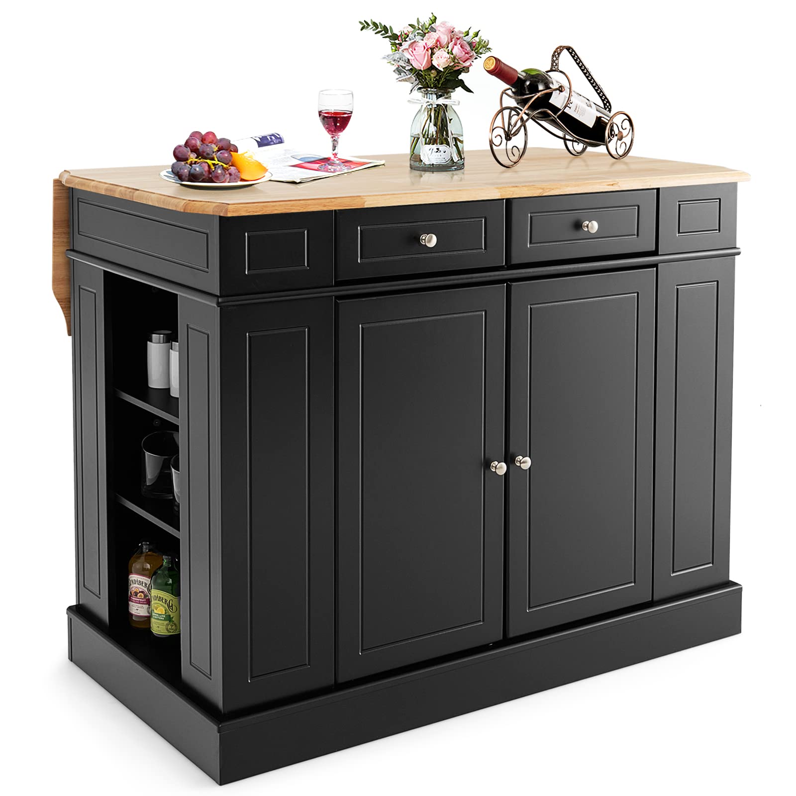 Giantex Kitchen Island with Drop Leaf, Rubber Wood Top, 2 Drawers, Storage Cabinets