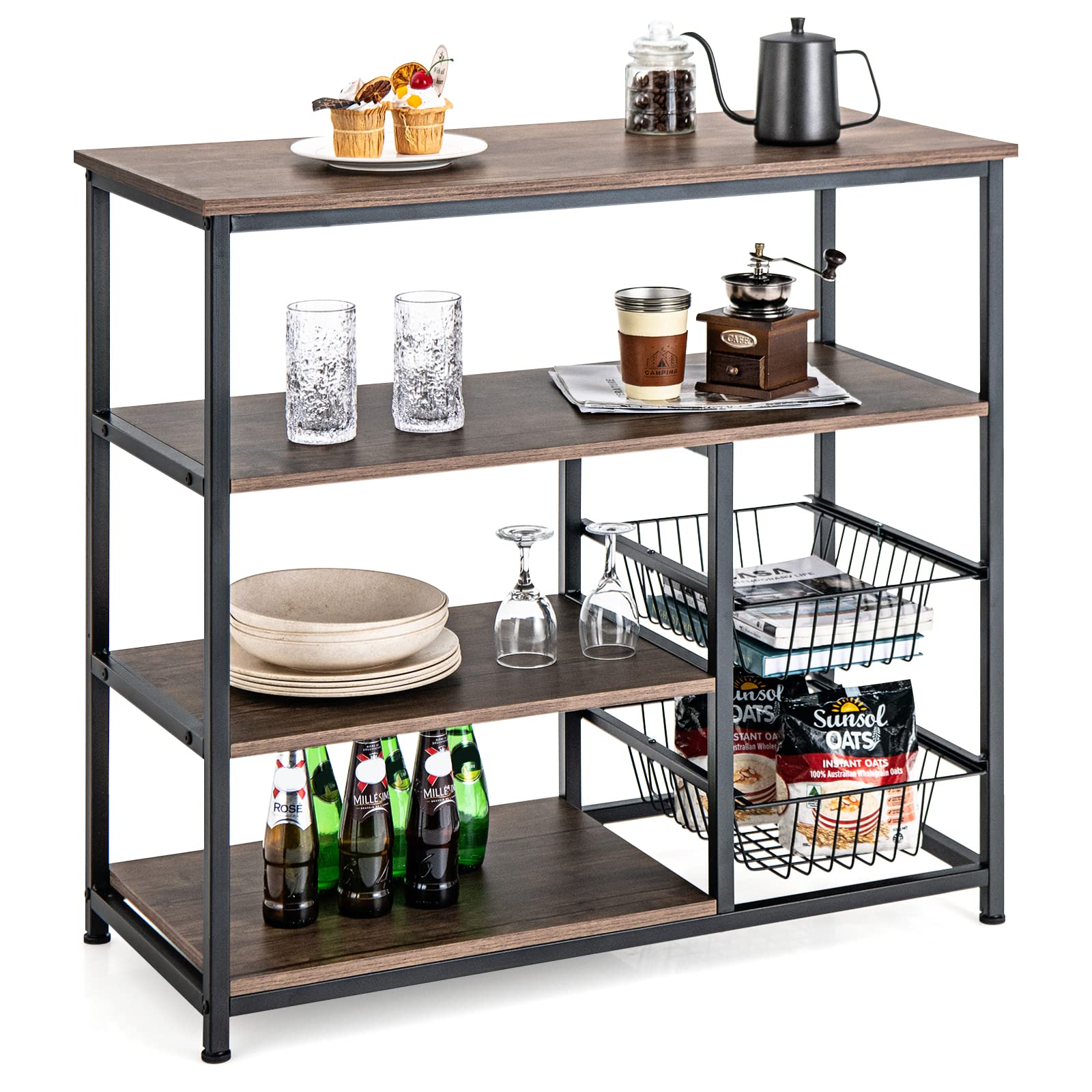 Giantex Kitchen Baker Rack, Industrial Coffee Station with 2 Wire Baskets, 3-Tier Wood Shelves(Brown & Black)