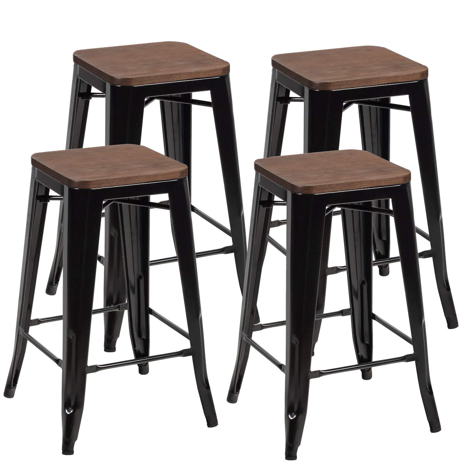26 inch Metal Bar Stool Set of 4, Counter Height Backless Stool with Wooden Seat