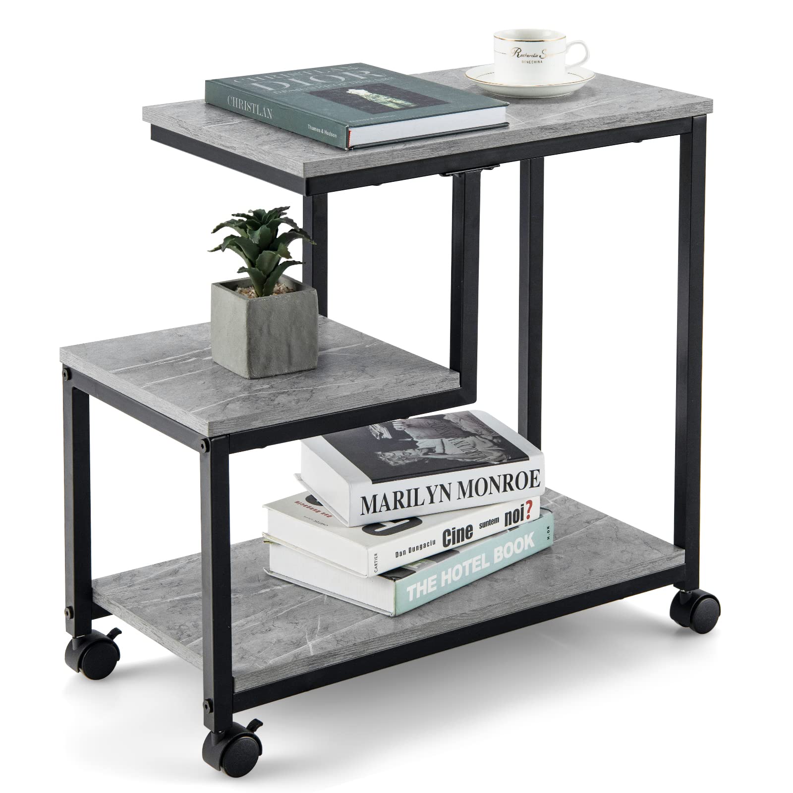 Giantex Side Table, End Table on Wheels, 3-Tier Sofa Couch Table w/Marble Finish Open Shelf