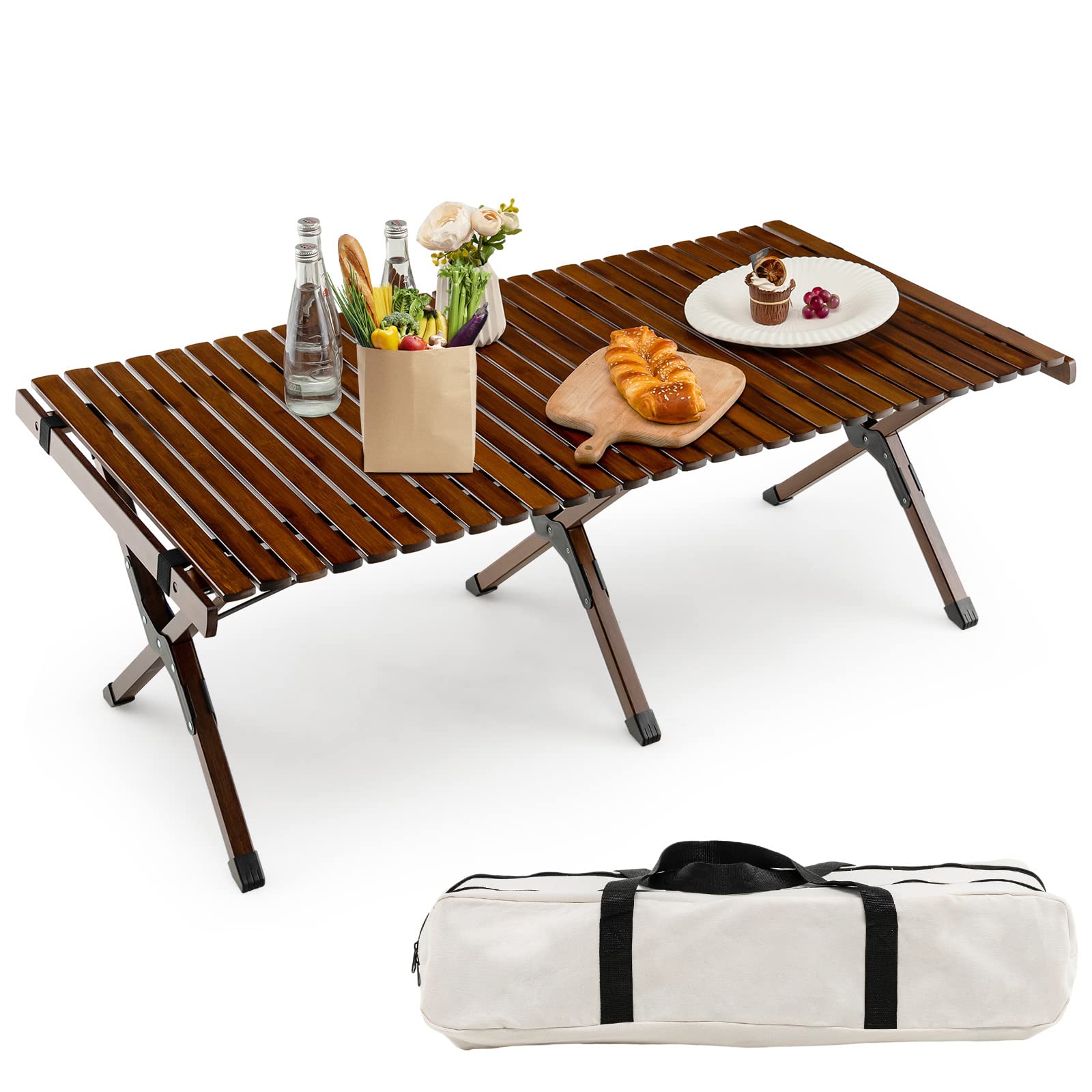 Giantex Folding Picnic Table, Wooden Roll-up Bamboo Tabletop, Portable Camping Table