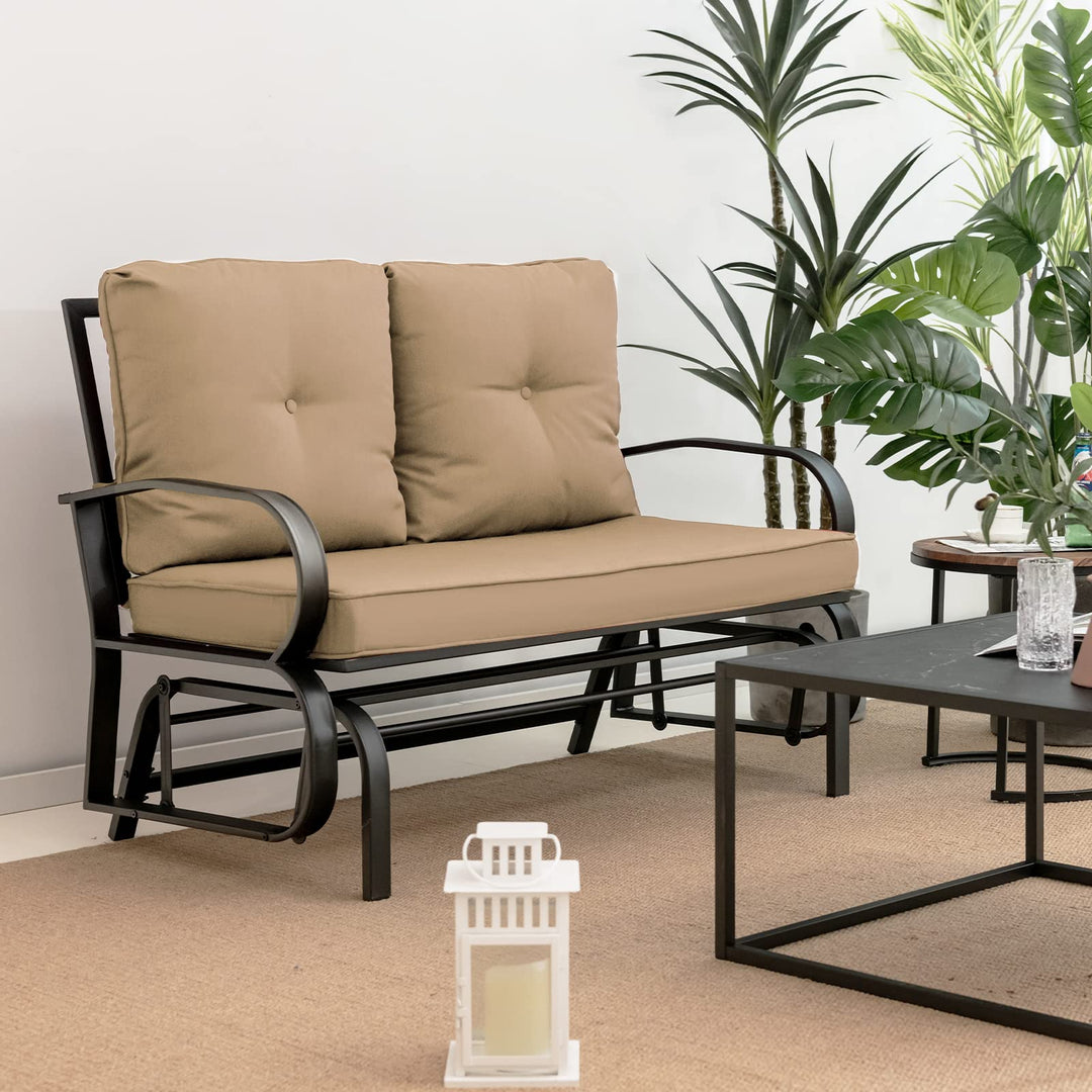 Giantex 2 Seats Glider Bench for Outside, Patio Glider Porch Loveseat w/Cushions & Powder Coated Steel Frame