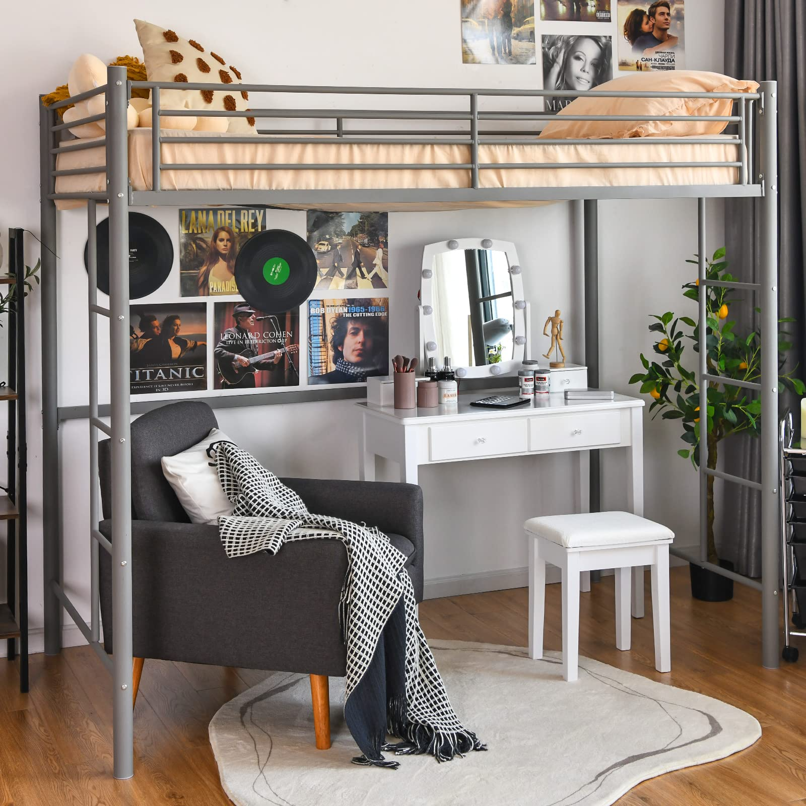 Heavy Duty Loft Bed Frame with 2 Ladders | Metal Loft Bed Twin Size