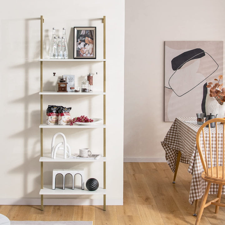 Giantex 5 Tier Modern Wall Mounted Bookshelf, 71'' White and Gold Wood Bookcase with Steel Frame