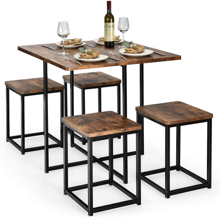 5 Piece Dining Table Set, Dining Set for 4 with Square Stools, Walnut & Black