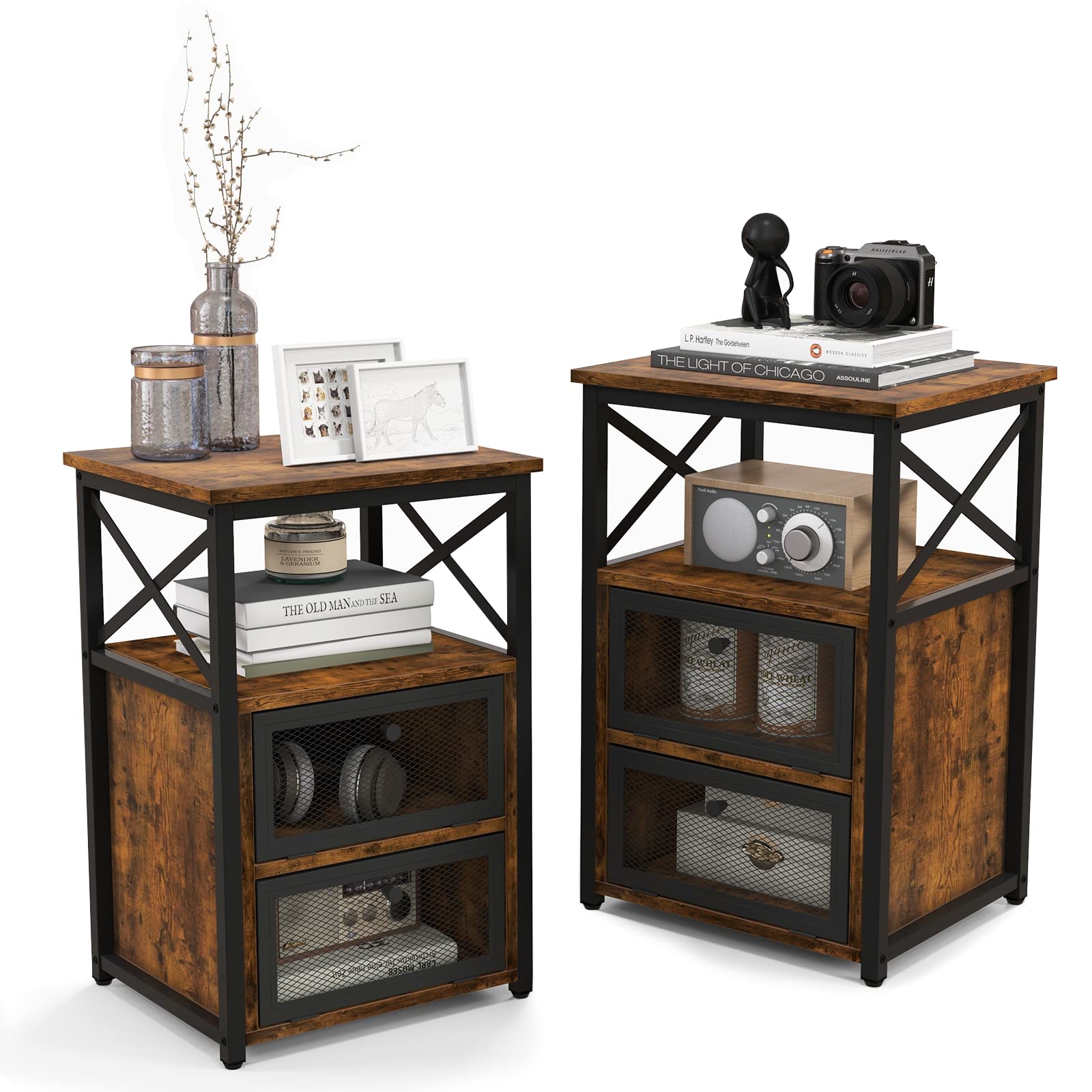 Giantex Modern Nightstand Set of 2, Industrial End Side Table with 2 Mesh Flip Drawers,Rustic Brown