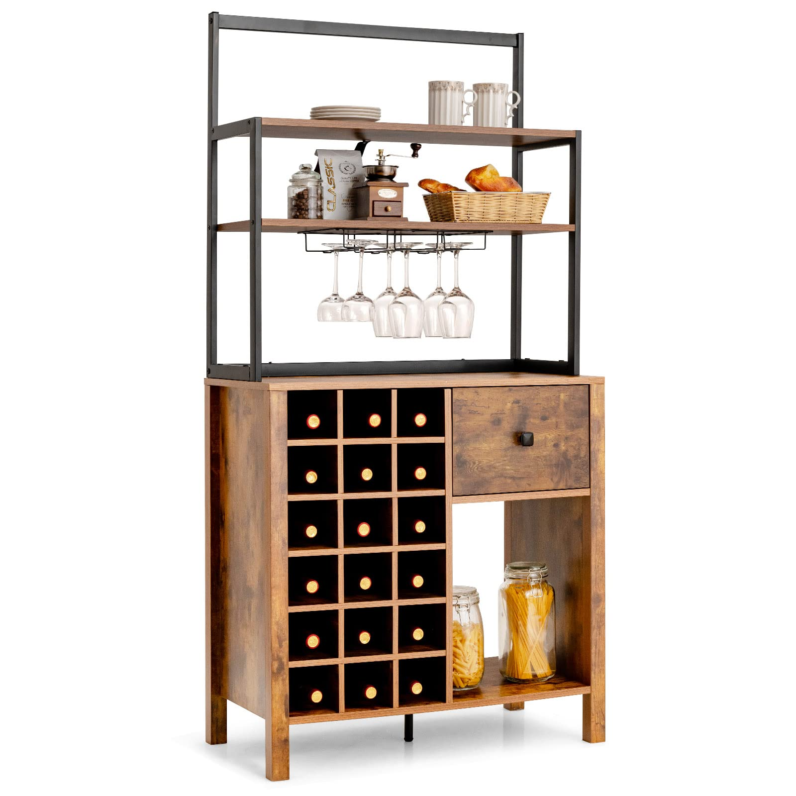 Giantex Sideboard with Hutch, 18 Bottles Wood Wine Rack, 1 Drawer, Standing 4-Tier Bakers Rack with Glass Holder