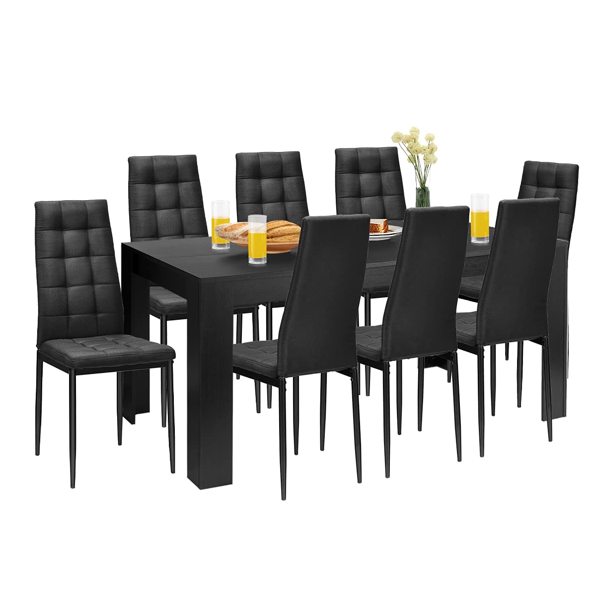 Giantex 9 Pcs Dining Table Set, Wood Rectangular Table with 8 Upholstered Chairs Set