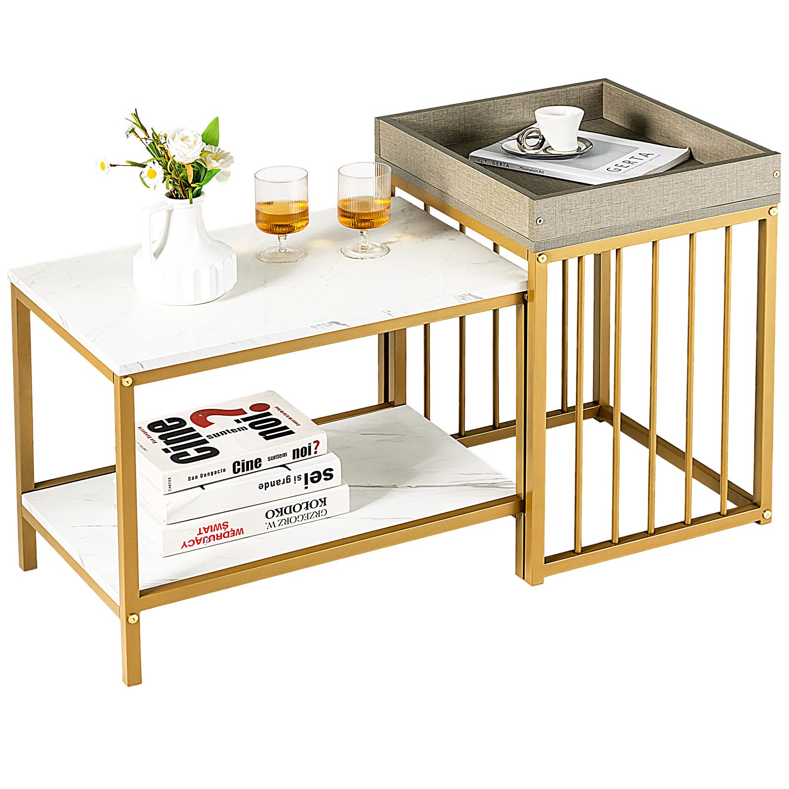 Giantex Nesting Coffee Table Set of 2 w/Tray Top End Table & 2-Tier Narrow Coffee Table(Gold & White)