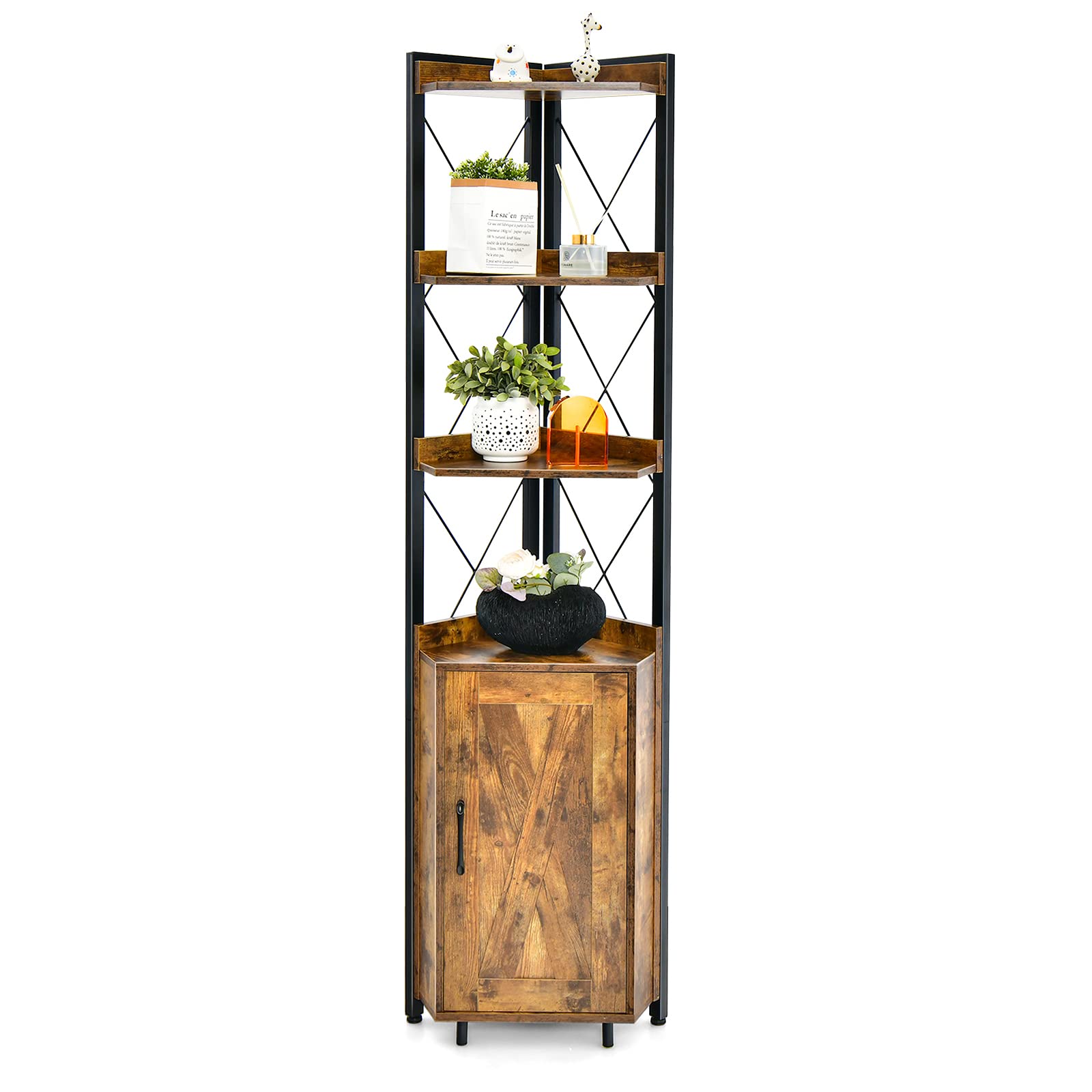 Giantex 4-Tier Corner Shelf with Cabinet - 71" Tall Free Standing Storage Shelves Rack Plant Stand (Rustic Brown)