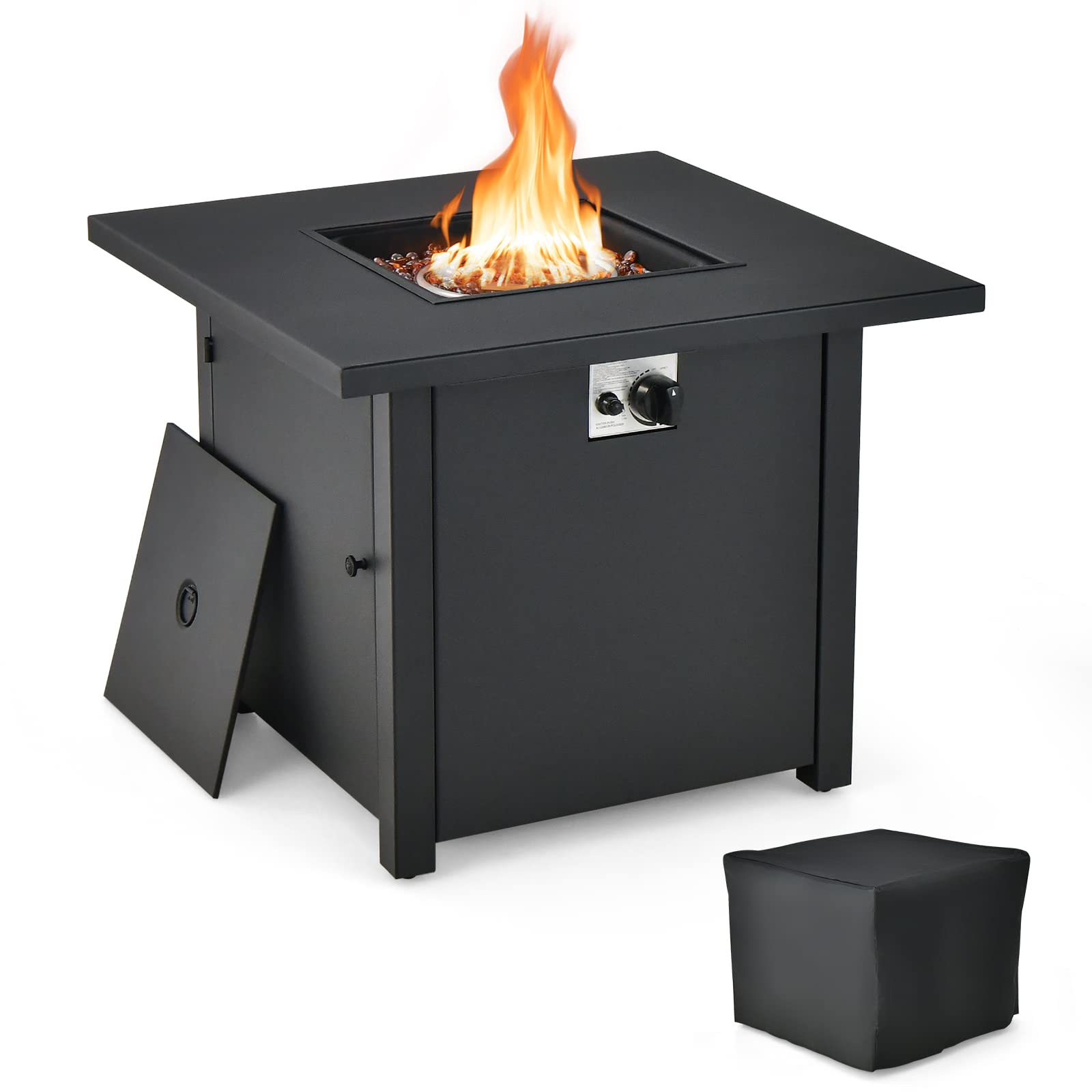Giantex 32" Patio Propane Fire Table - 50,000 BTU Square Metal Fire Table with Lid, PVC Cover, Glass Stones