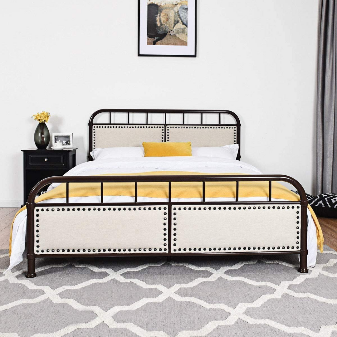 Queen Size Vintage Metal Platform Bed with Button Tufted Headboard & Footboard
