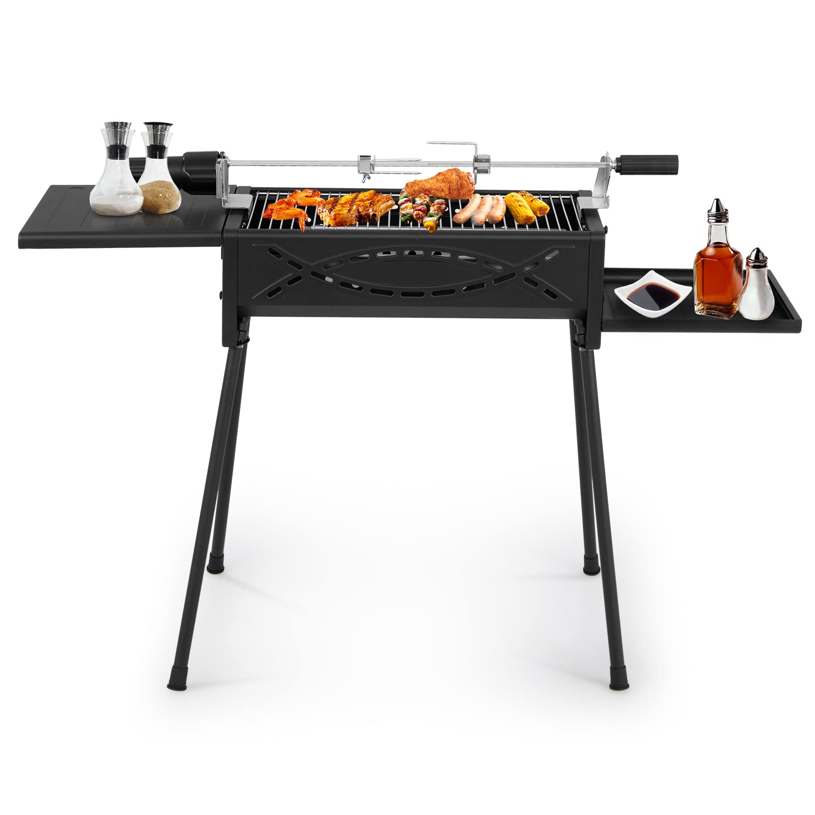 Giantex Charcoal Grill with Automatic Rotisserie Kit, 2 Folding Side Tables