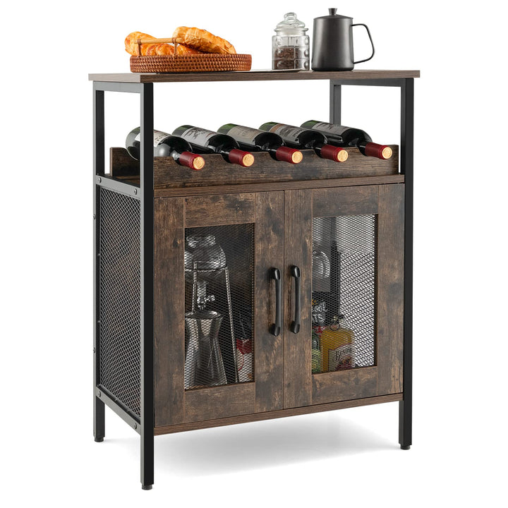 Giantex Wine Bar Cabinet, Industrial Liquor Cabinet with Glass Holder, Removable Wine Rack (Rustic Brown & Black)