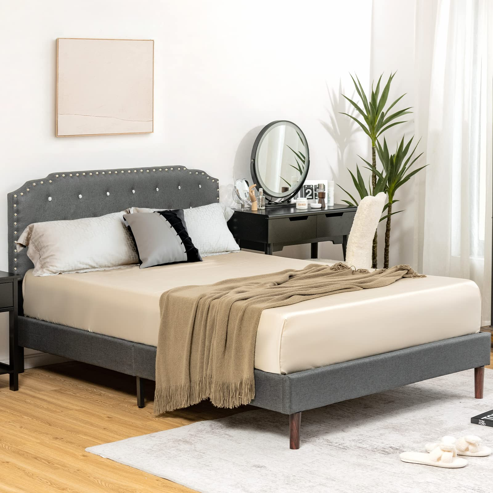 Upholstered Bed Frame w/ Adjustable Headboard, Crystal Tufted Soft Platform Bed Frame w/ Wooden Slats