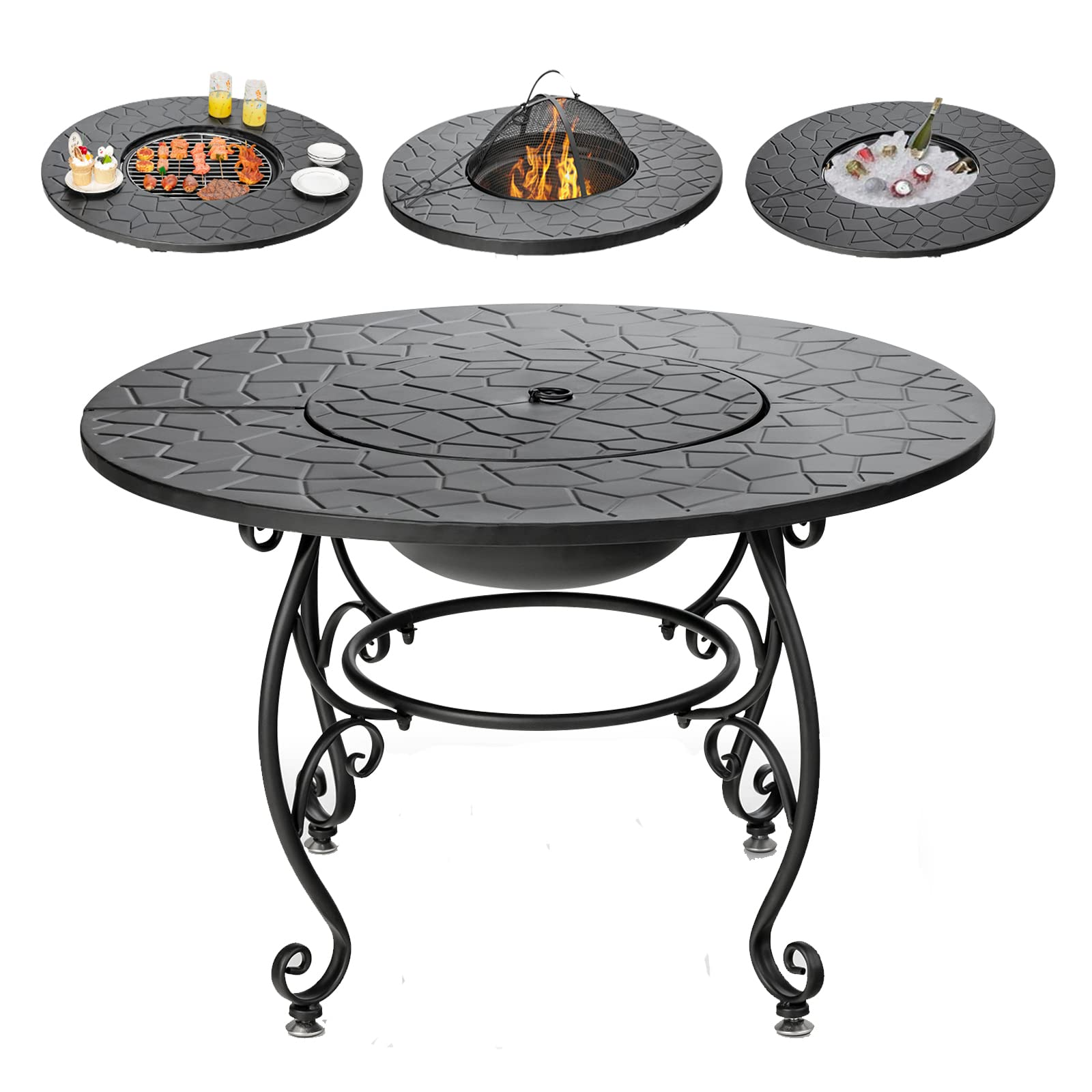 Fire Pit Table 4-in-1 Outdoor Dining Table, 36 Inch Multifunctional Metal Round Patio Table