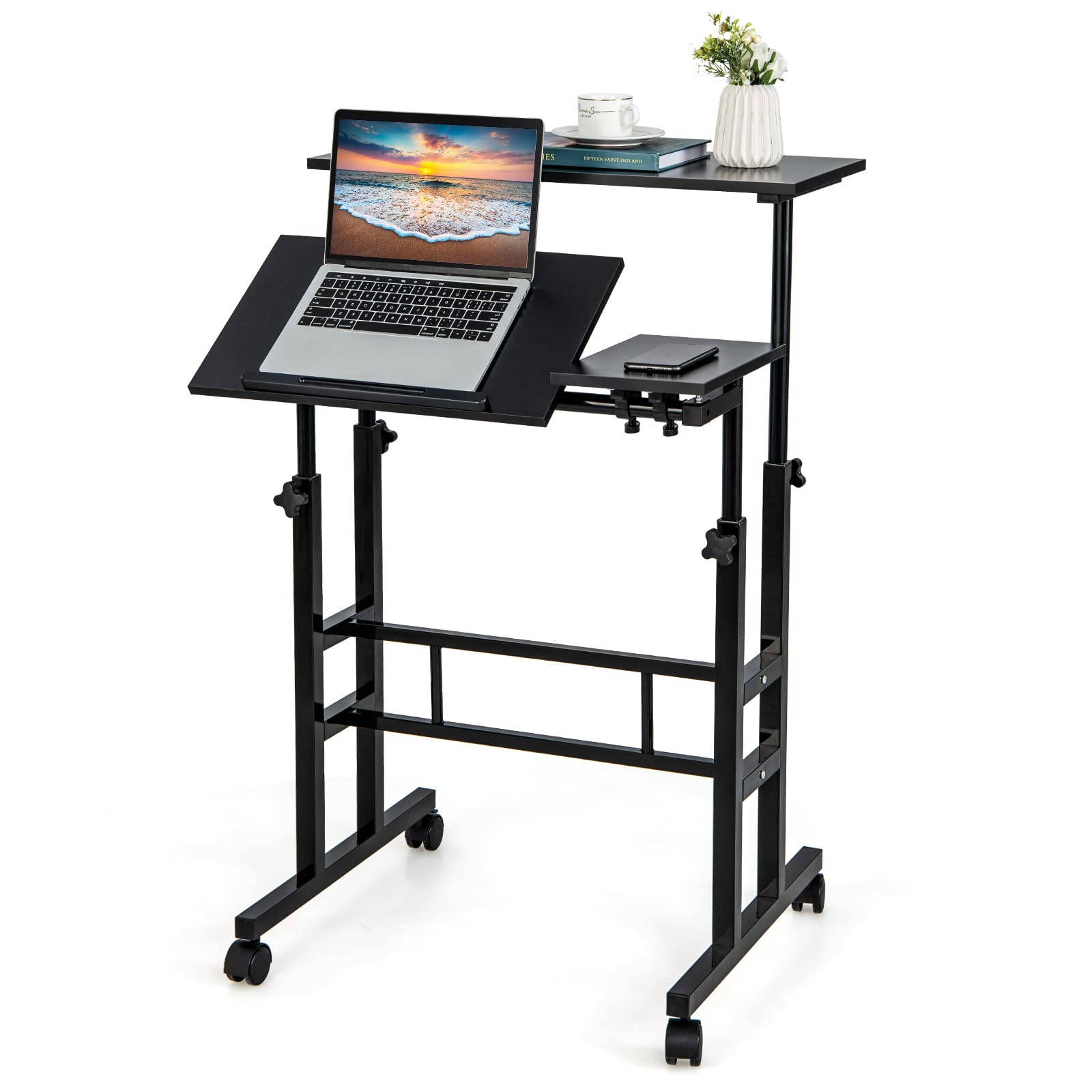 Giantex Mobile Stand up Desk Adjustable, Rolling Standing Laptop Cart Sit Stand Desk with 2 Tilting Desktops(Black)