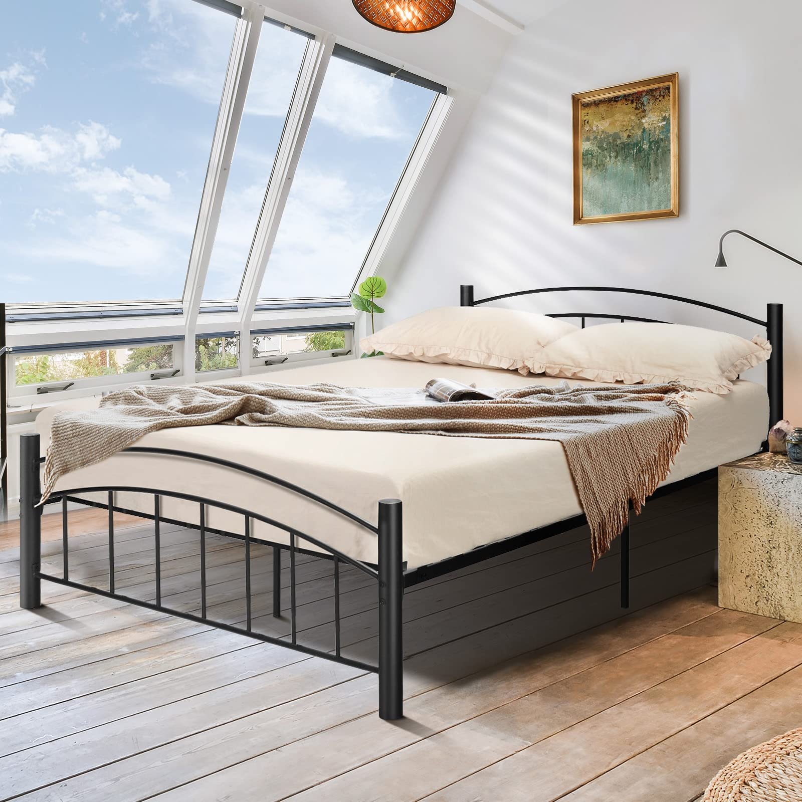 Black Modern Platform Bed with Headboard and Footboard | Metal Bed Frame