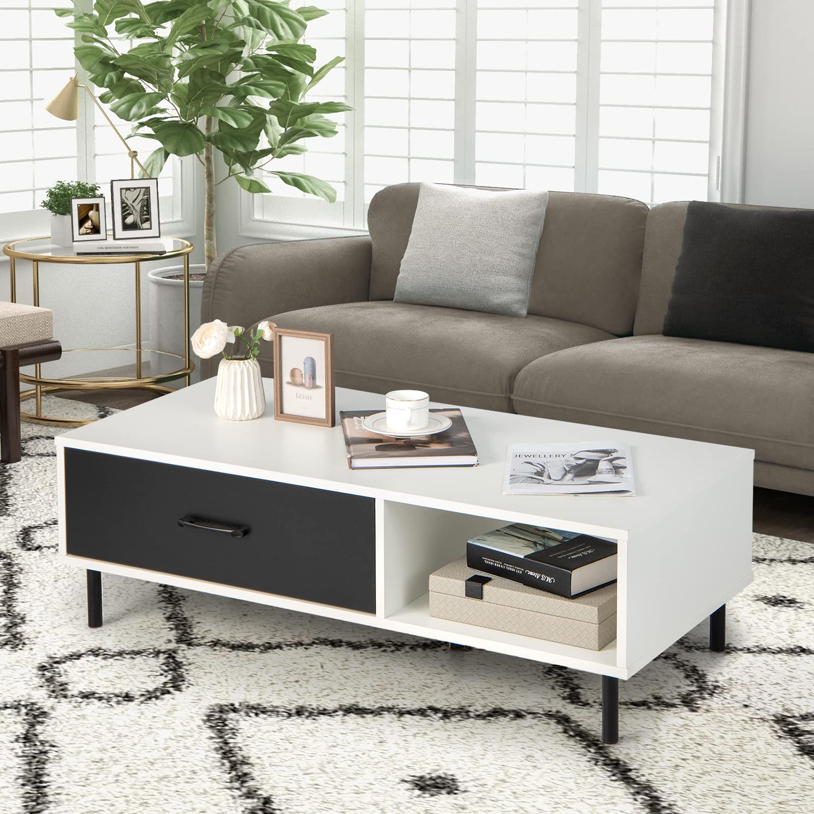 Giantex Coffee Table with Drawer & Storage Shelf, Wood Cocktail Table w/Open Cubby