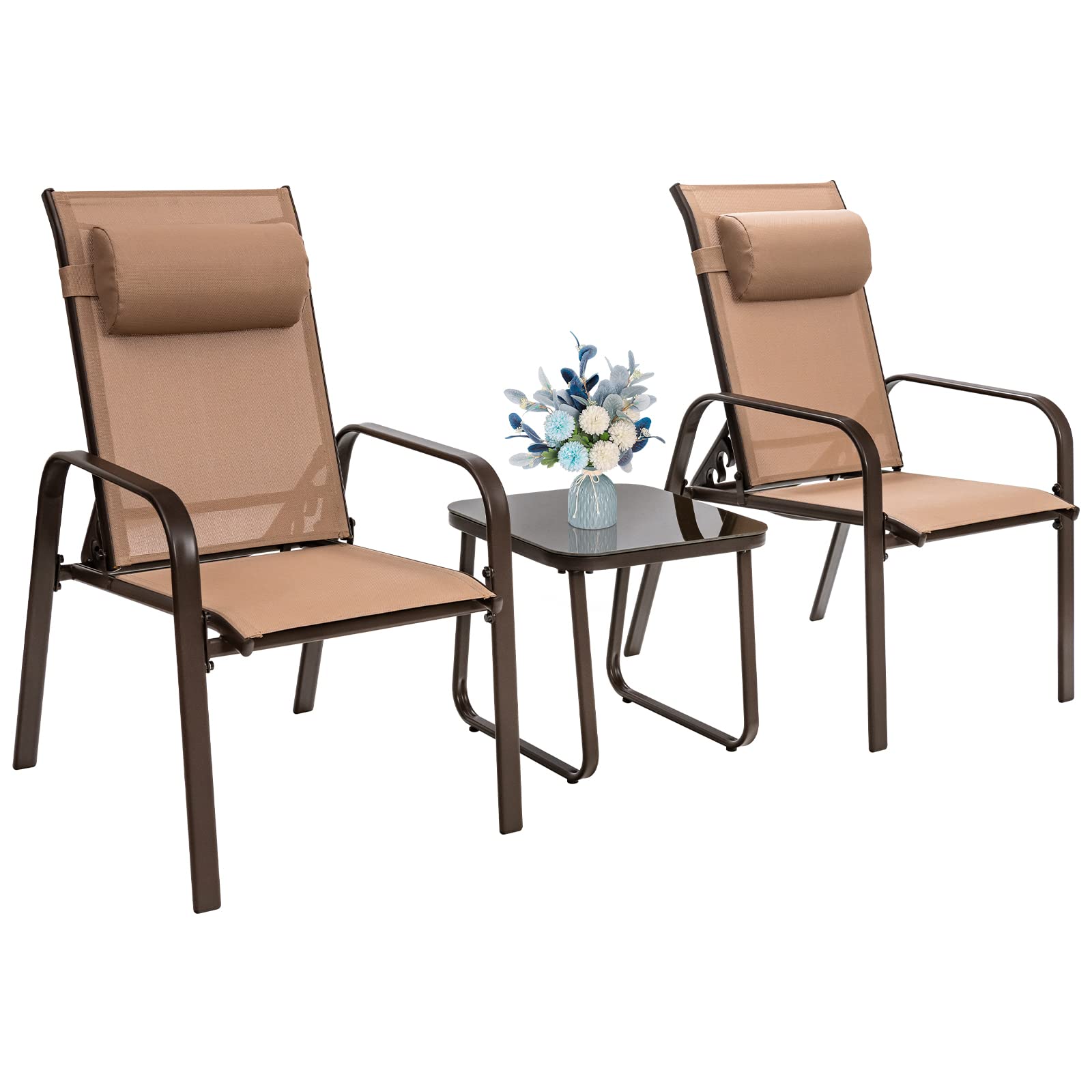 Giantex Stackable Patio Chairs with Adjustable Backrest Headrest, 3 Pieces