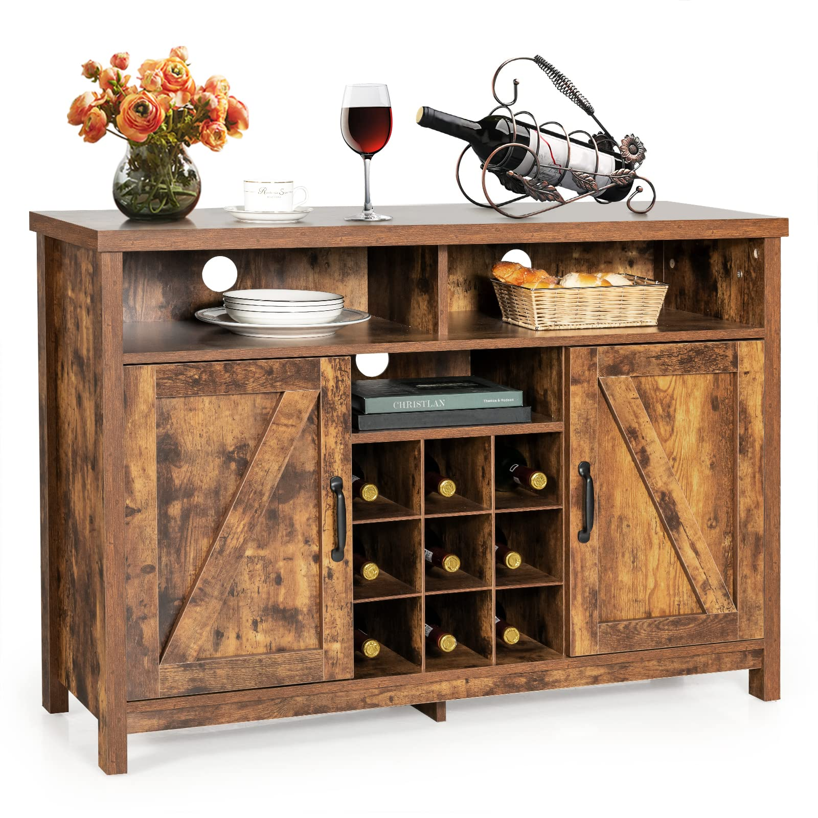 Giantex Buffet Sideboard, Farmhouse Kitchen Storage Cabinet, 9-Bottle Wine Rack & 2 Door Cabinets