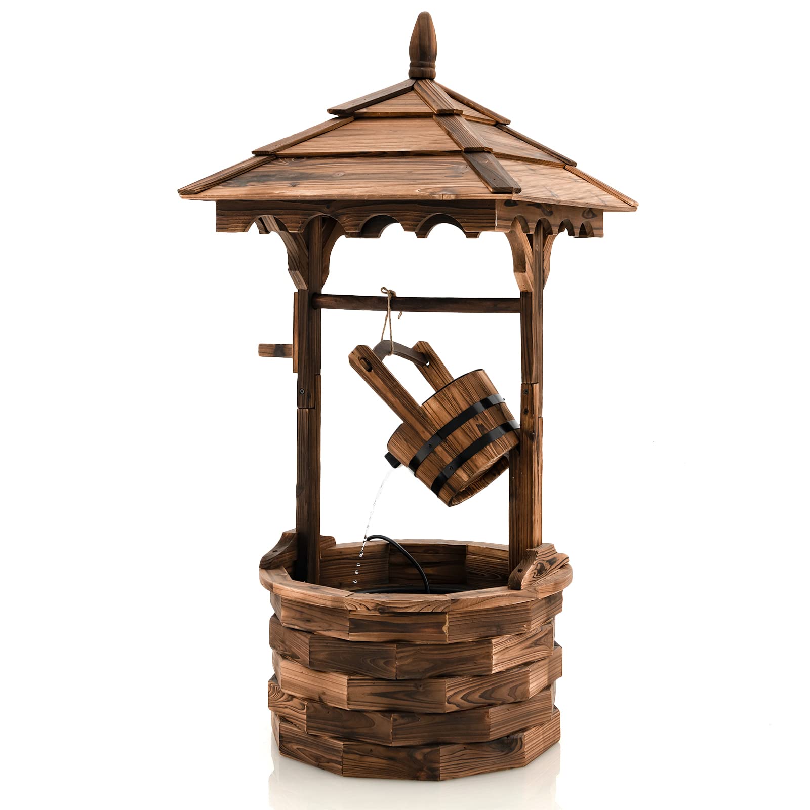 Giantex Rustic Wishing Well Fountain, Outdoor Wooden Water Fountain with Electric Pump