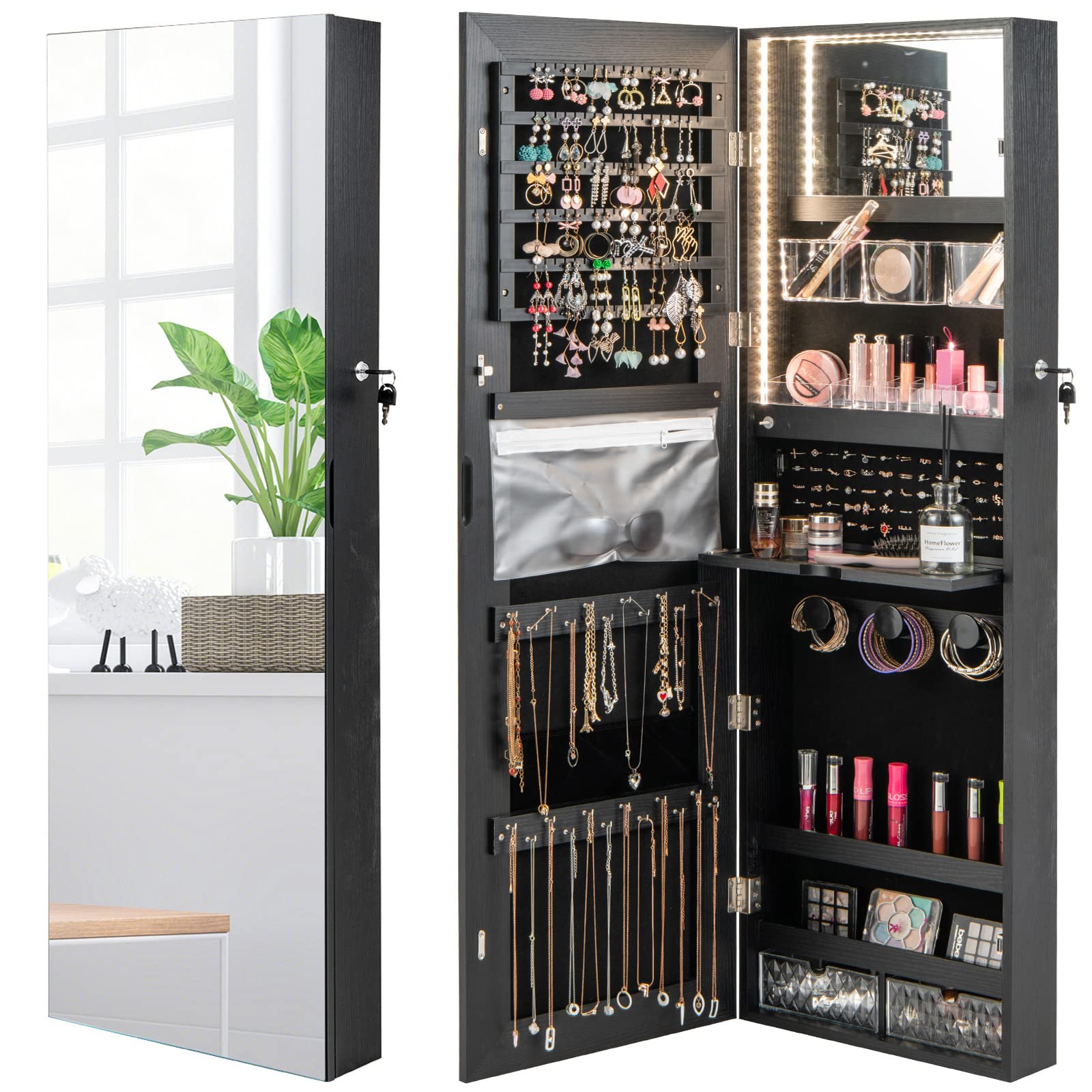 CHARMAID Wall/Door Mounted Jewelry Armoire with 3-Color LED Lights, 47.2"H Full Length Mirror